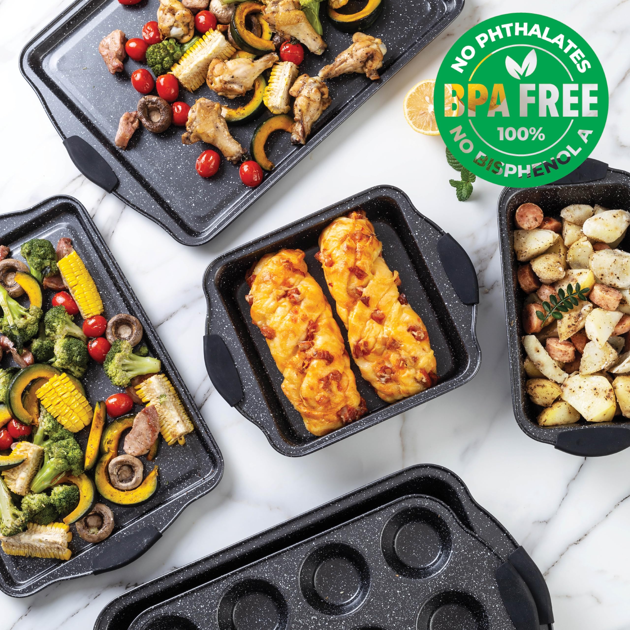 Country Kitchen 10-Piece Nonstick Stackable Bakeware Set - PFOA, PFOS, PTFE Free Baking Tray Set w/Non-Stick Coating, 450°F Oven Safe, Round Cake, Loaf, Muffin, Wide/Square Pans, Cookie Sheet