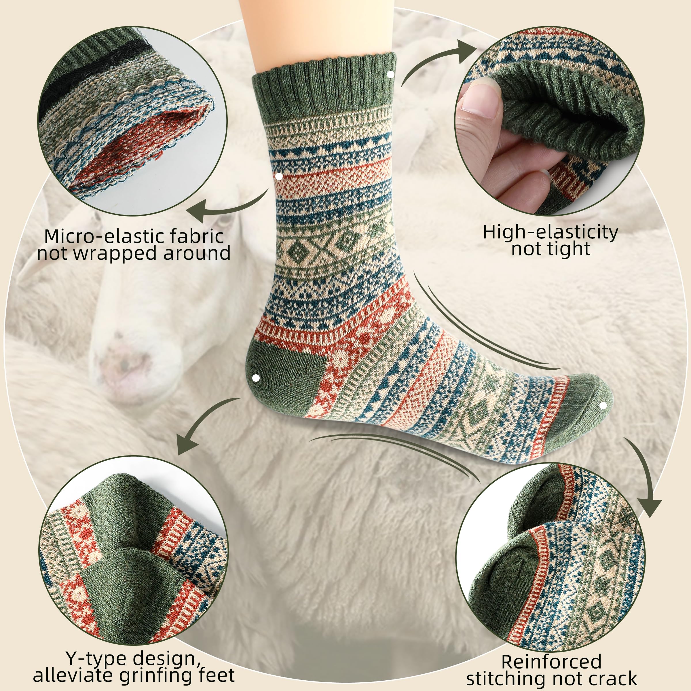 LWWTBS Womens Wool Socks 5 Pairs Warm Winter Socks Knit Wool Socks Soft Vintage Casual Crew Socks Gifts for Women Men (Mul-1)