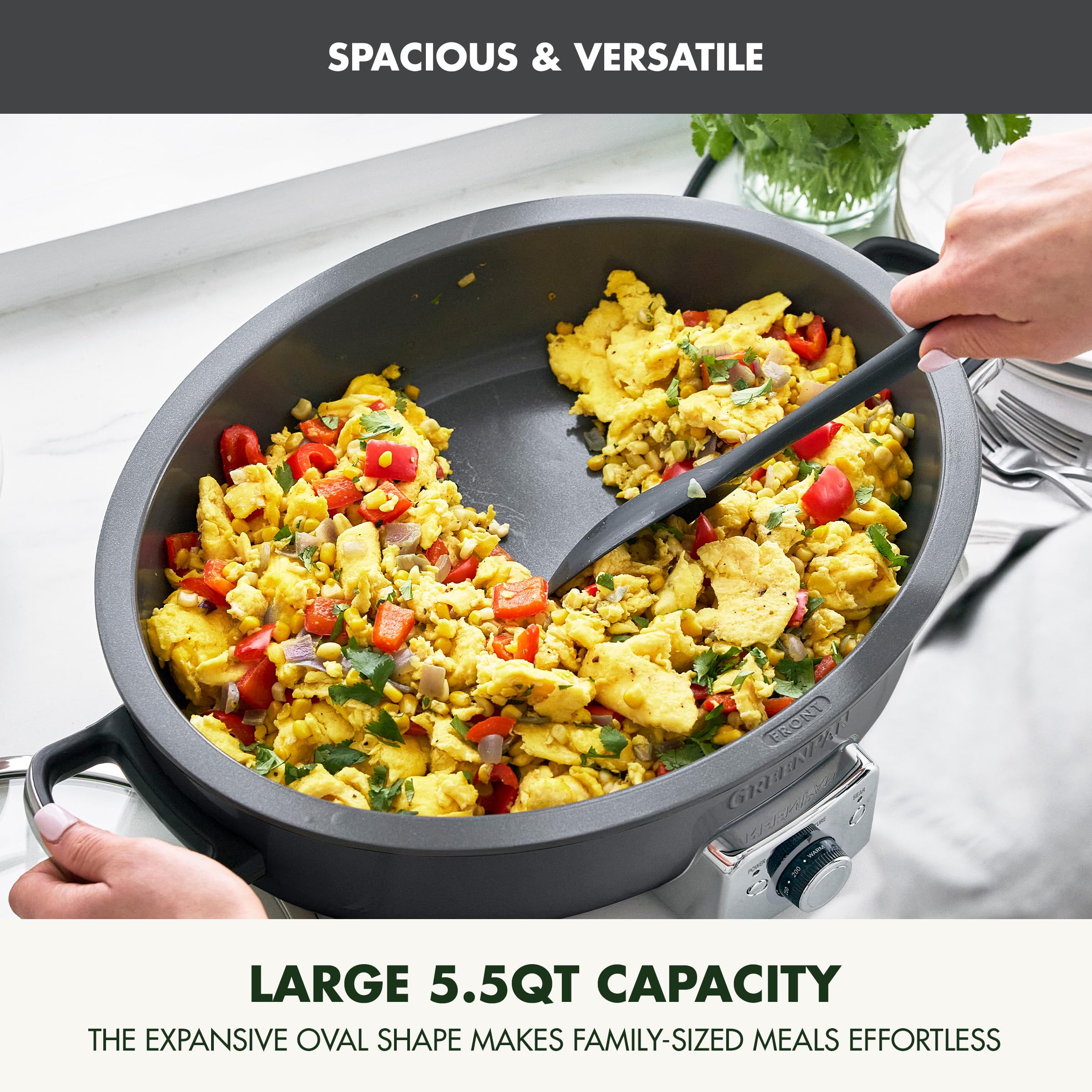 GreenPan Elite 5.5QT Electric Oval Skillet, PFAS-Free Ceramic Nonstick, 1800 Watt, Dishwasher Safe Lid & Removable Crock, Adjustable Temp Control, Multi-Cooker, Sear, Sauté, Rice, Stir-Fry, Black
