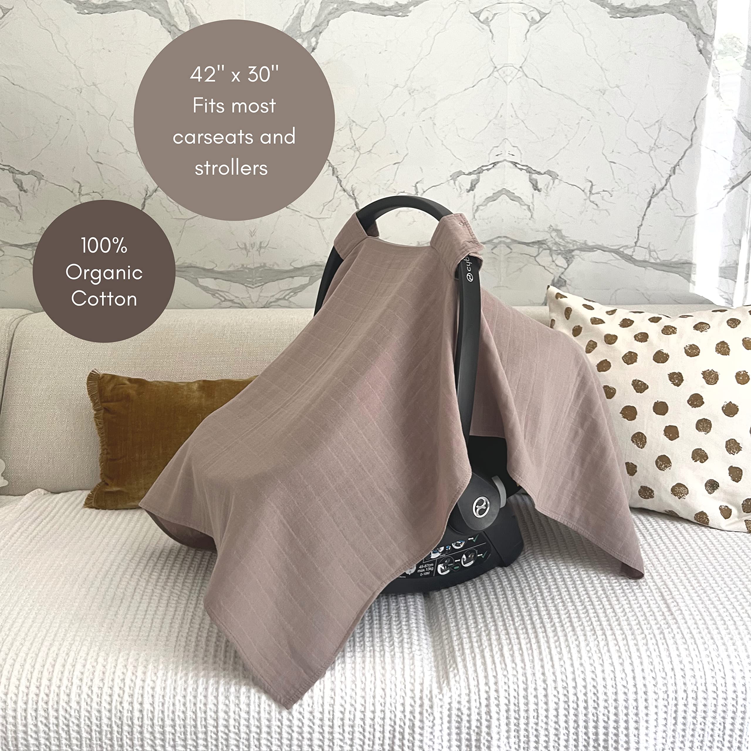 MOZAH 100% Organic Muslin Baby Car Seat Cover Muslin Carseat Canopy Baby Car Seat Covers for Boys (Warm Taupe)