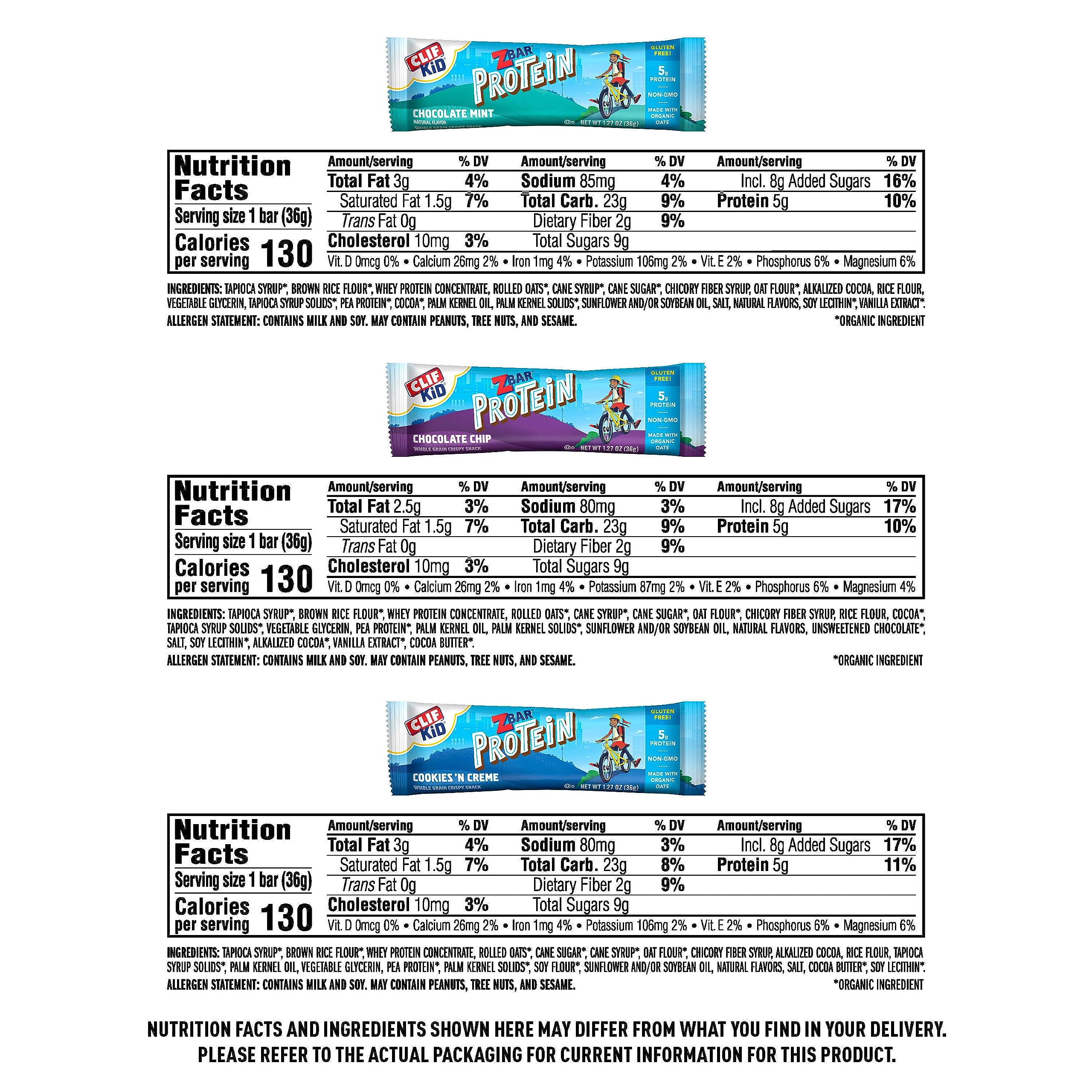 Zbar Protein - Chocolate Chip, Chocolate Mint, and Cookies 'n Creme - Variety Pack - Crispy Whole Grain Snack Bars - Made with Organic Oats - Non-GMO - 5g Protein - 1.27 oz. (30 Count)