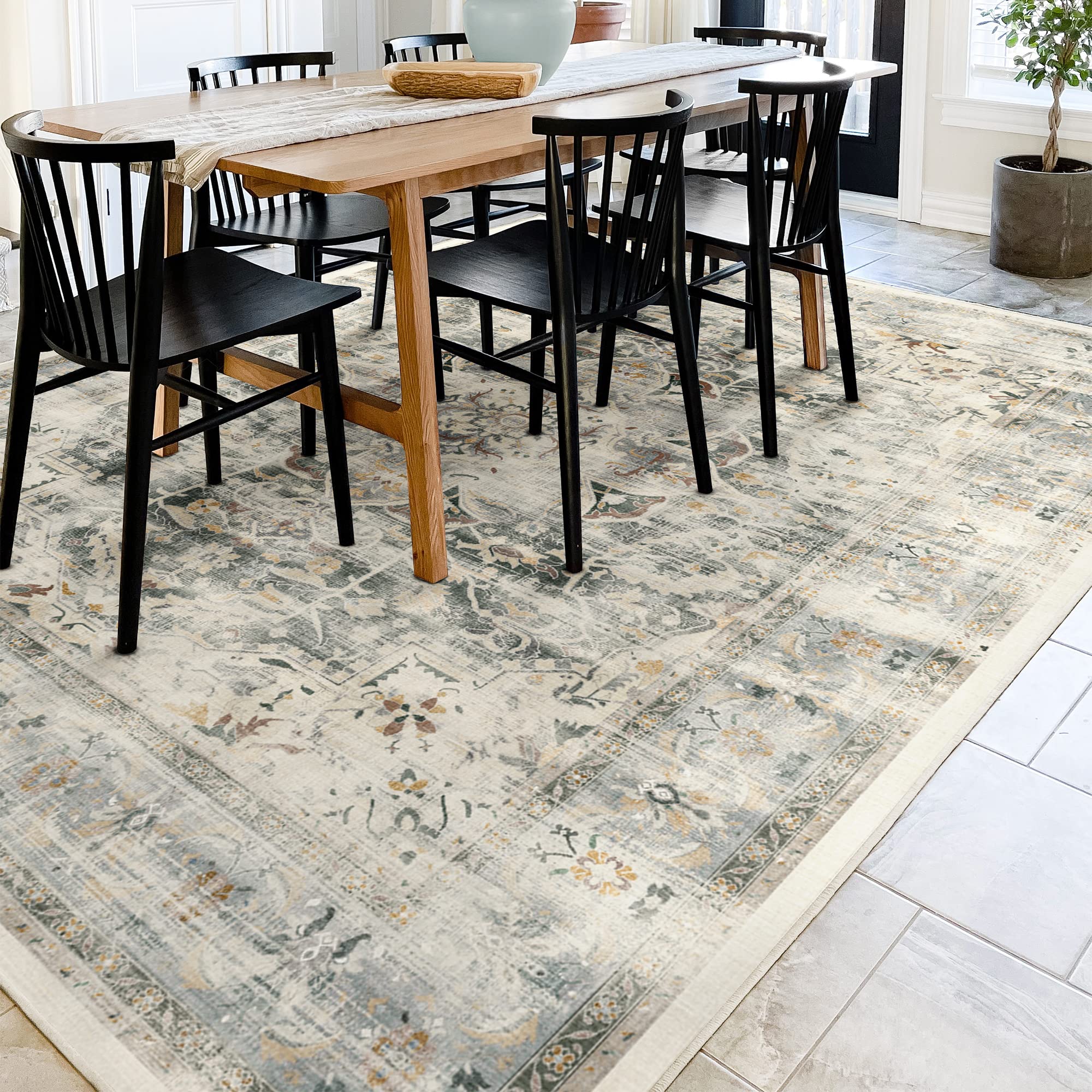 RUGGABLE Sarrah - Machine Washable Rug - Elegant Room Decor and Vintage Area Rug Perfect for Living Room Bedroom Kitchen - Stain & Water Resistant - Pet & Child Friendly - Sage 9'x12' (Standard Pad)