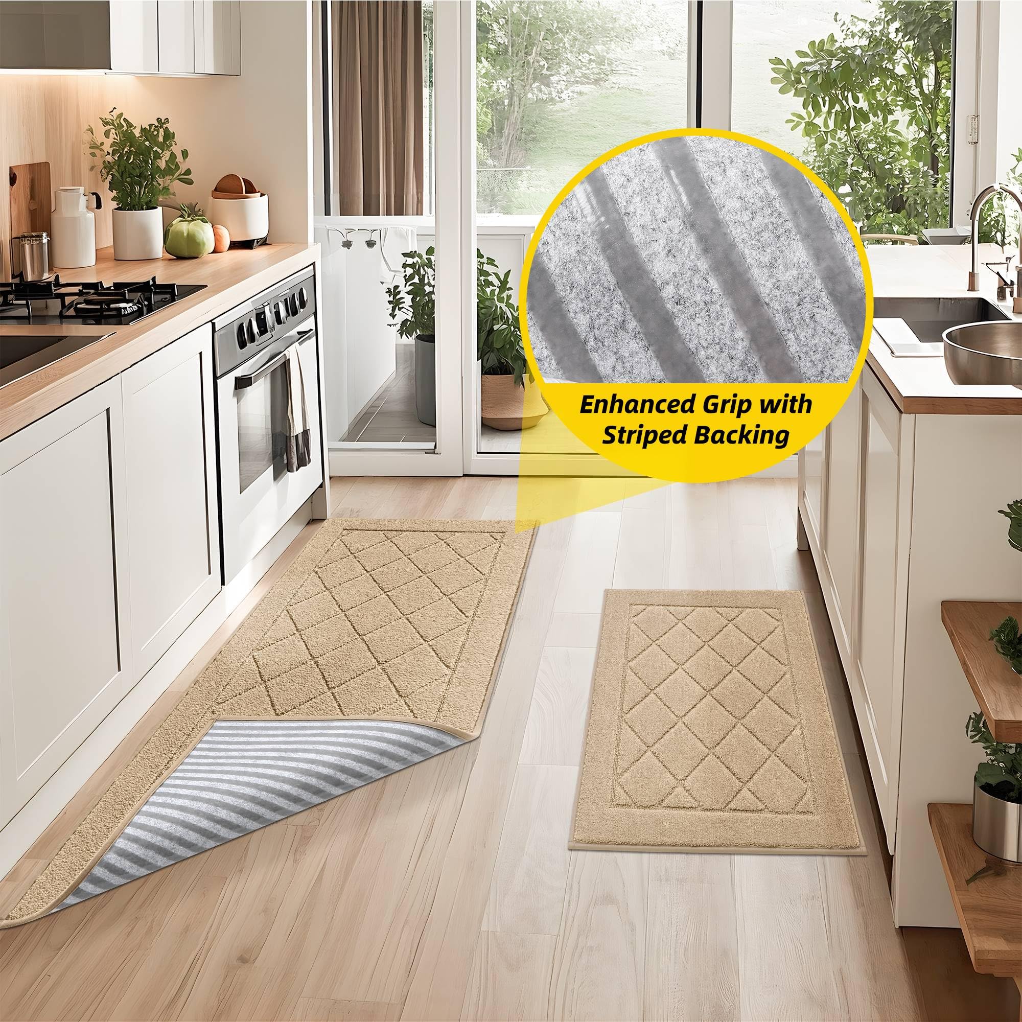 JSEI Non-Slip Kitchen Rugs, Self Adhesive No Sliding Kitchen Mats Set of 2, Soft Washable Absorbent Floor Mat for Kitchen, Bathroom, Laundry Room, Bedroom, 20”x32”+32”x48”, Beige, Diamond Pattern