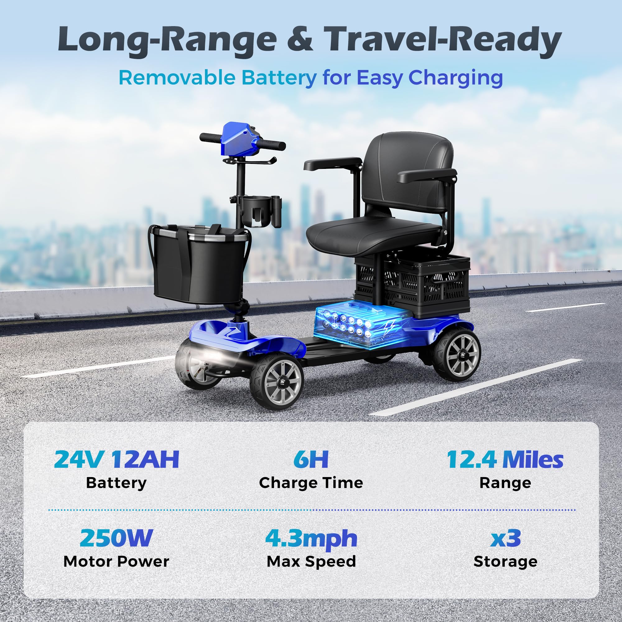 Foldable 4-Wheel Mobility Scooter for Adults – Portable Motorized Scooter with 330 lbs Capacity, Detachable Battery, Dual Baskets, Cup & Phone Holder, Blue