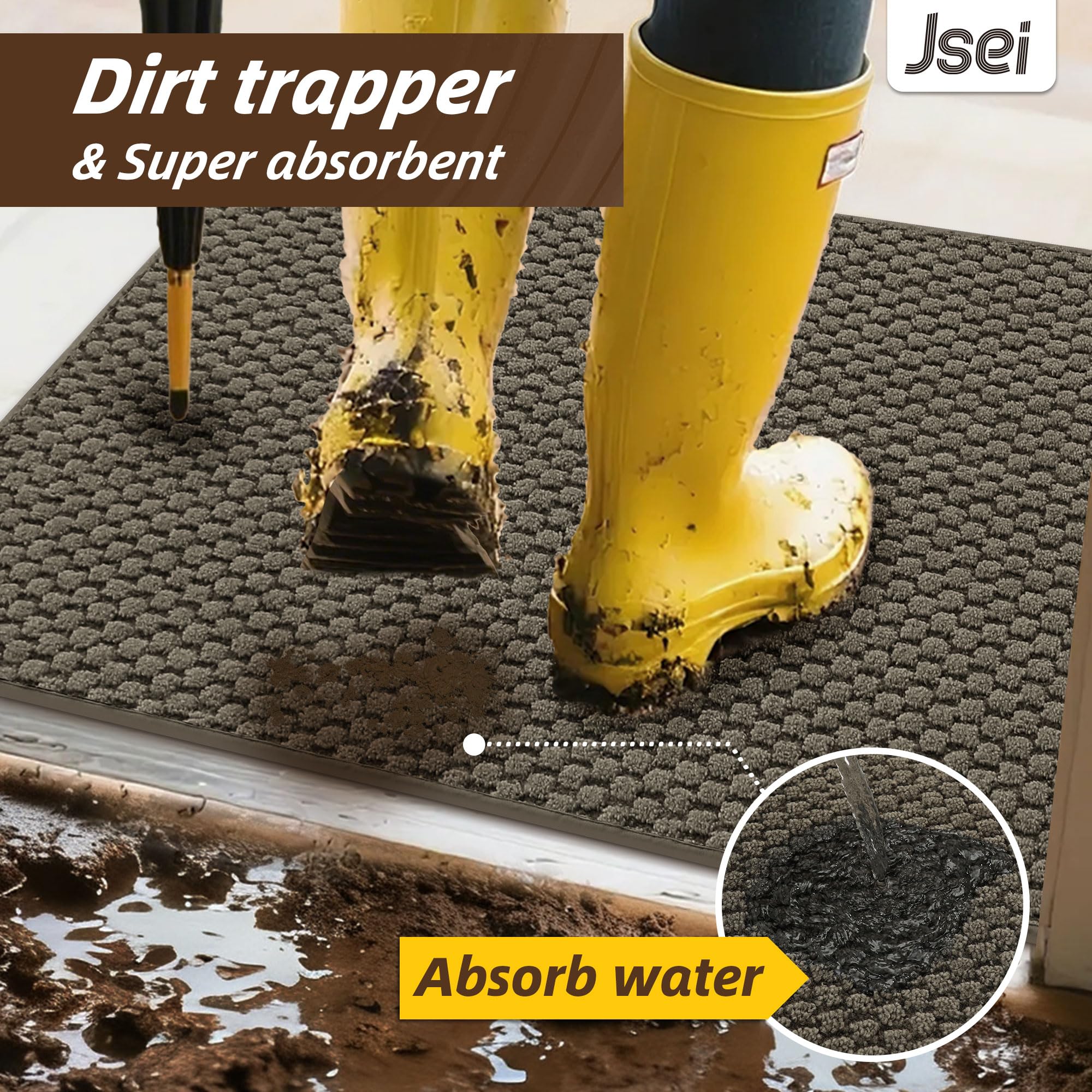 JSEI Dirt Trapper Door Mat 32"x48", Non-Slip Entryway Rugs Doormat Indoor, Washable Absorbent and Stain Resist Welcome Floor Mat for Front Door, Dog Door Mat, Muddy Wet Shoes & Paws, Greyish Brown