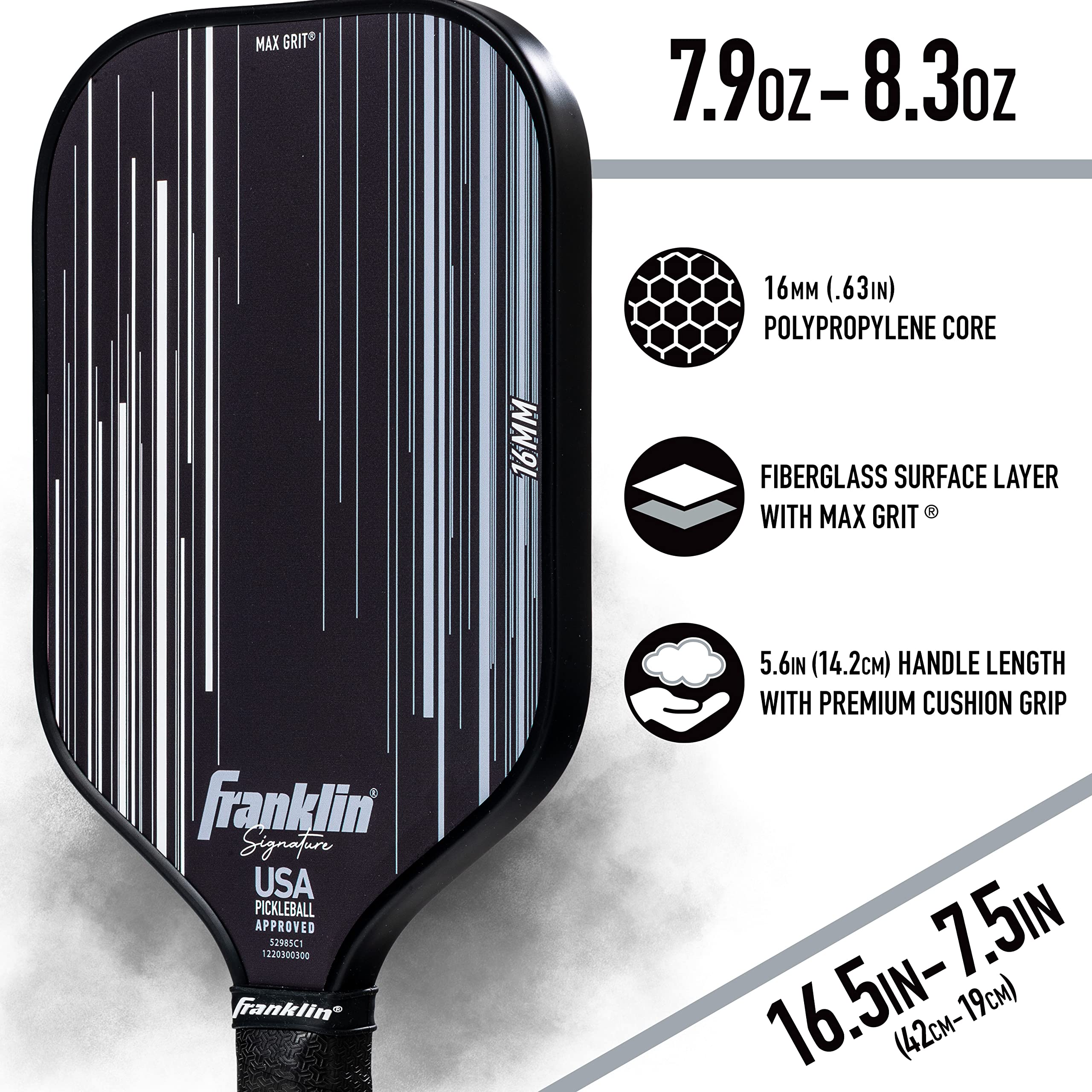 Franklin Sports Pro Pickleball Paddles - Signature Series Pro Pickleball Paddle with MaxGrit Surface - USA Pickleball (USAPA) Approved Tournament Pickleball Paddle - 16mm Polypropylene Core - Black