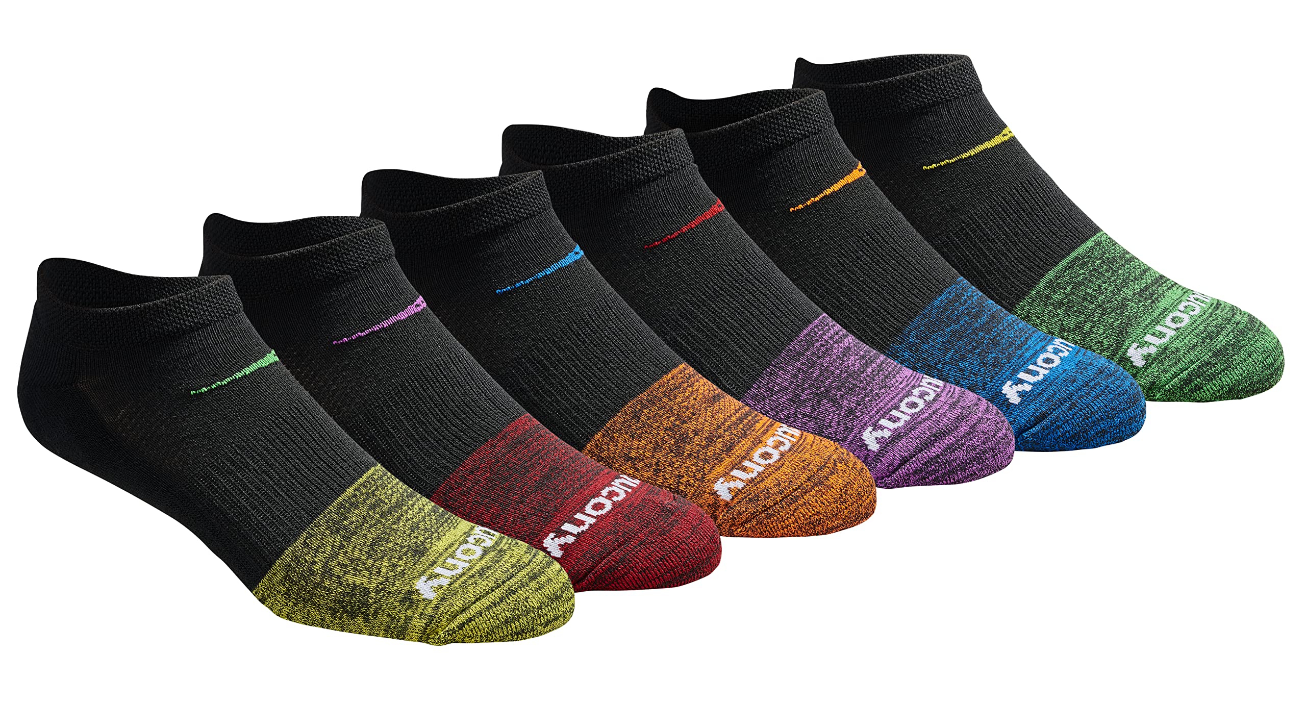 Saucony Men's RunDry Mesh Ventilating Comfort Fit Performance No-Show Socks, Available in M-XXL (6, 12, 18, Fashion Tipped Black (6 Pairs), X-Large