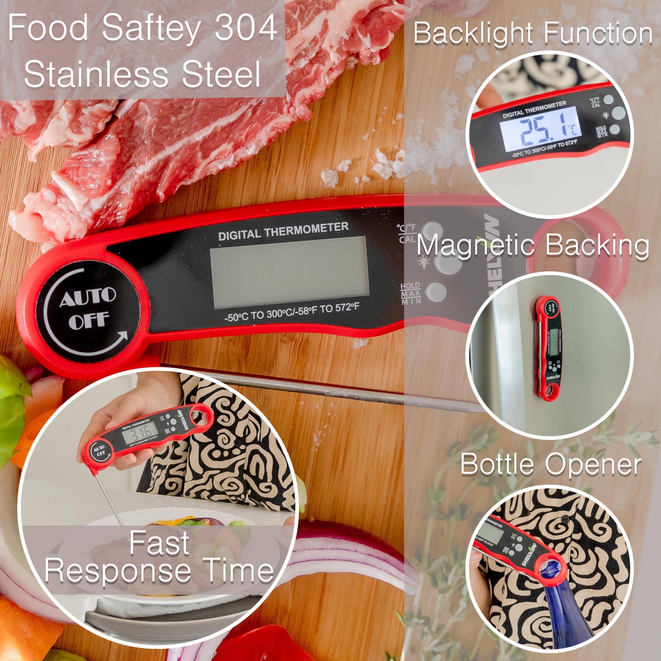 Digital Meat Thermometer with Bottle Opener - Waterproof Magnetic Instant Read Temperature Folding Probe for Cooking Hot Food Oil Fryer BBQ Grill Smoker Candy Liquids Beef Chicken Lamb Fish Pork