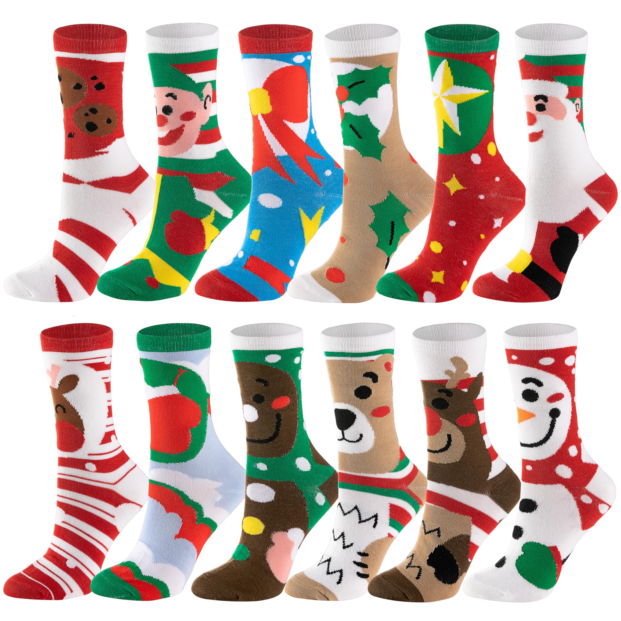 JOYIN 12 Packs Christmas Socks Women Colorful Funky Paint Crew Socks for Women Men for Christmas, Holiday or Birthday Gift