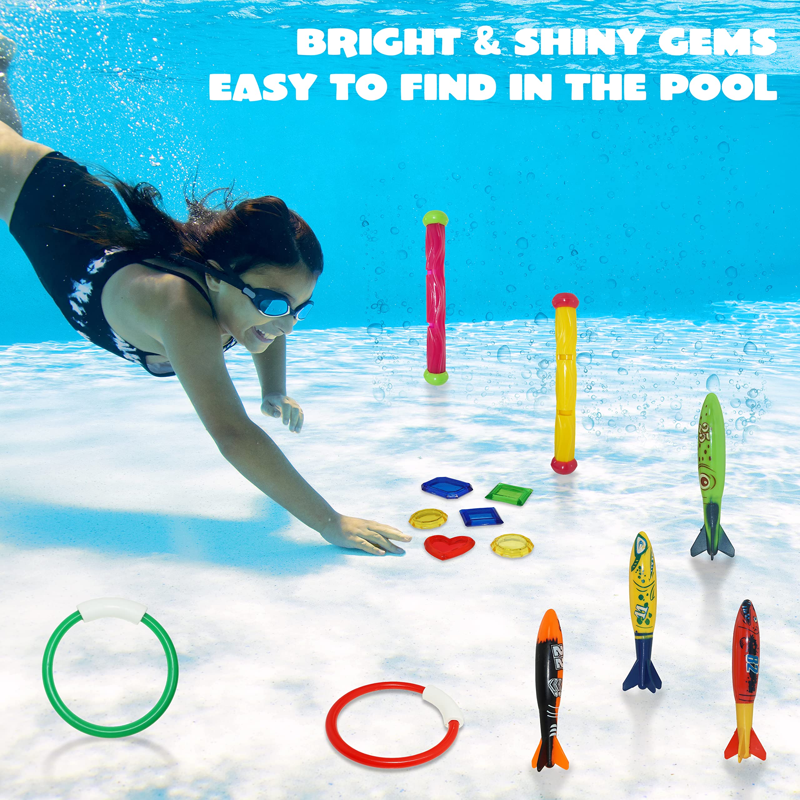 JOYIN 18Pcs Diving Pool Toys for Kids, Swimming Pool Toy with Storage Bag Includes 4 Pool Rings, 4 Diving Sticks, 4 Bandits, 6 Treasures Underwater Swim Pool Games for Ages 8-12