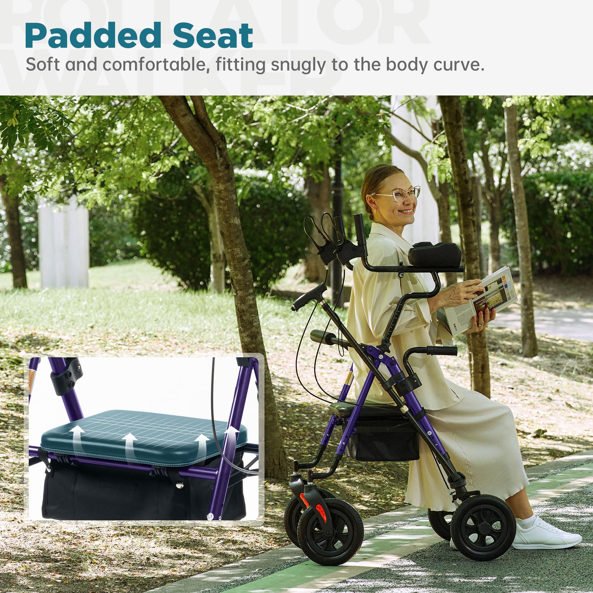 ELENKER All-Terrain Upright Rollator Walker, Stand Up Rolling Walker with 10’’Big PU Wheels and Adjustable Padded Armrests for Seniors from 4’8”to 6'4”, Purple