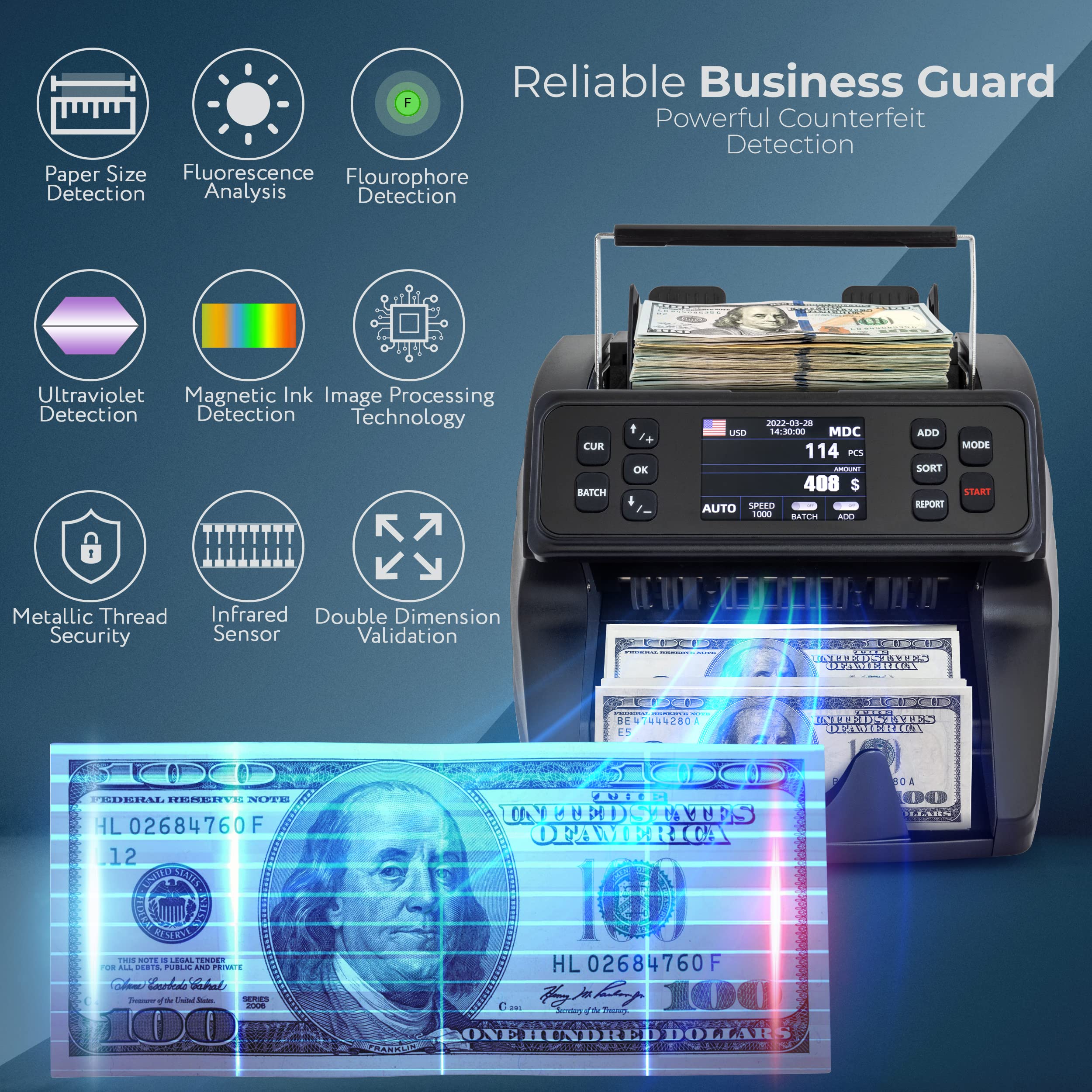 DETECK DETECK DT500 Money Counter Machine Mixed Denomination, Multi Currency Business Grade Bill Counter Machine, 1CIS/UV/MG Counterfeit Detection, Currency Counter, Value Count & Print