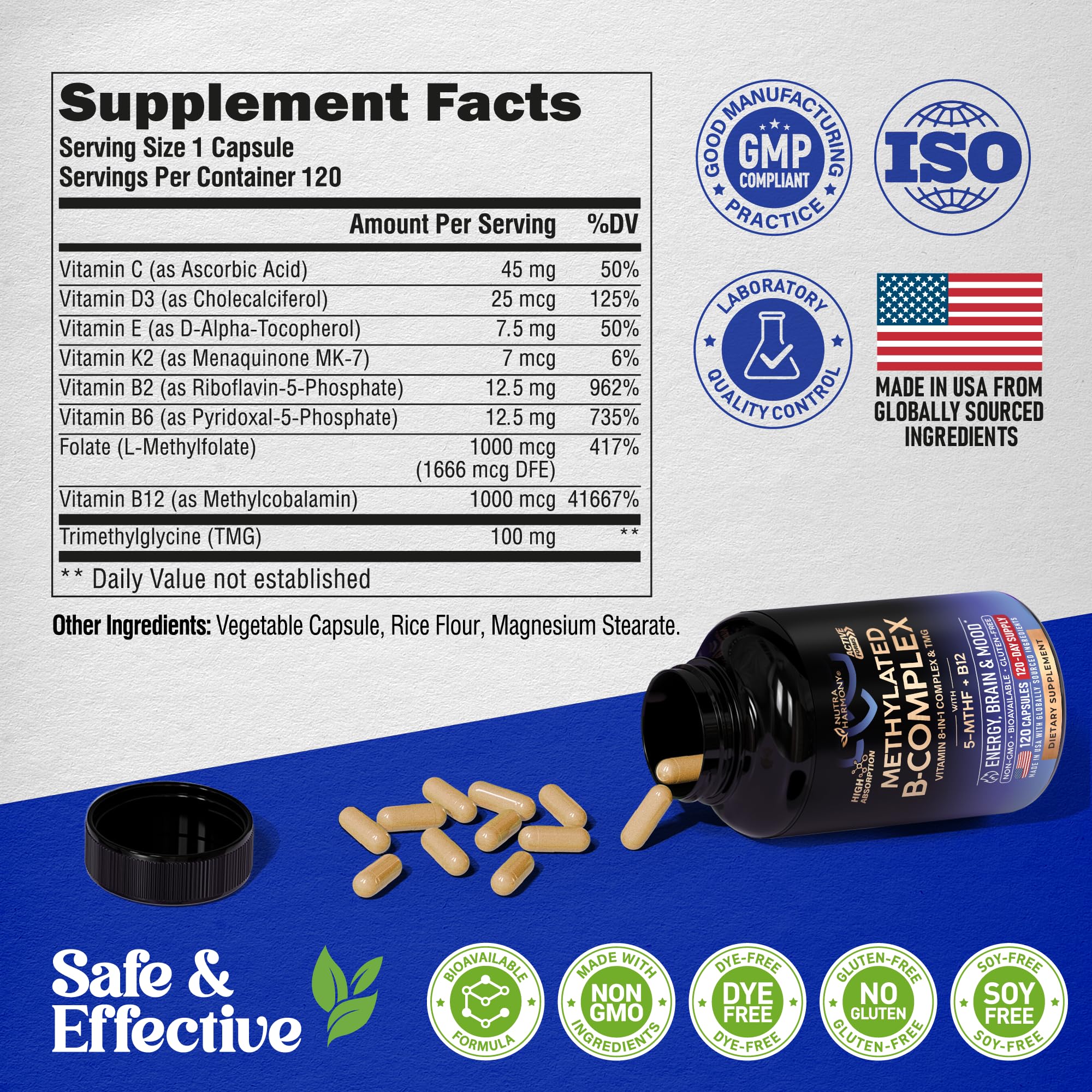 Vitamin B Complex Methylated - B-Complex with Methylfolate & B12 - Bioavailable for Men & Women - 9-in-1 Methylated Multivitamin - Energy, Brain & Mood - Vegan - Made in USA - 120 Capsules, One/Day