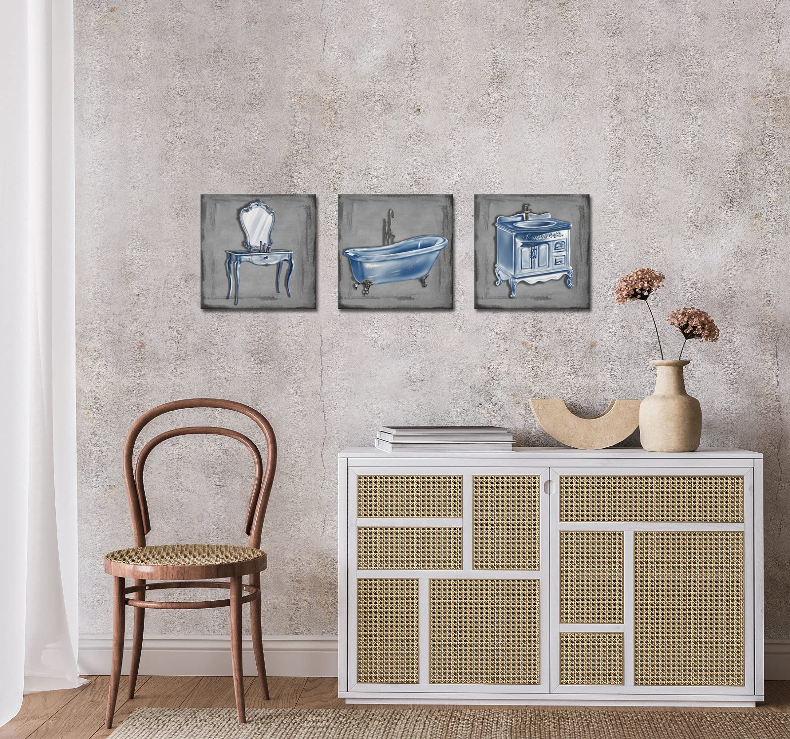DuoBaorom 3 Pieces Bathroom Picture Wall Art Abstract Bathtub Vanity Set Wash Basin Grey and Blue Artwork for Bathroom Wash Room Decor Ready to Hang 12x12inchx3pcs