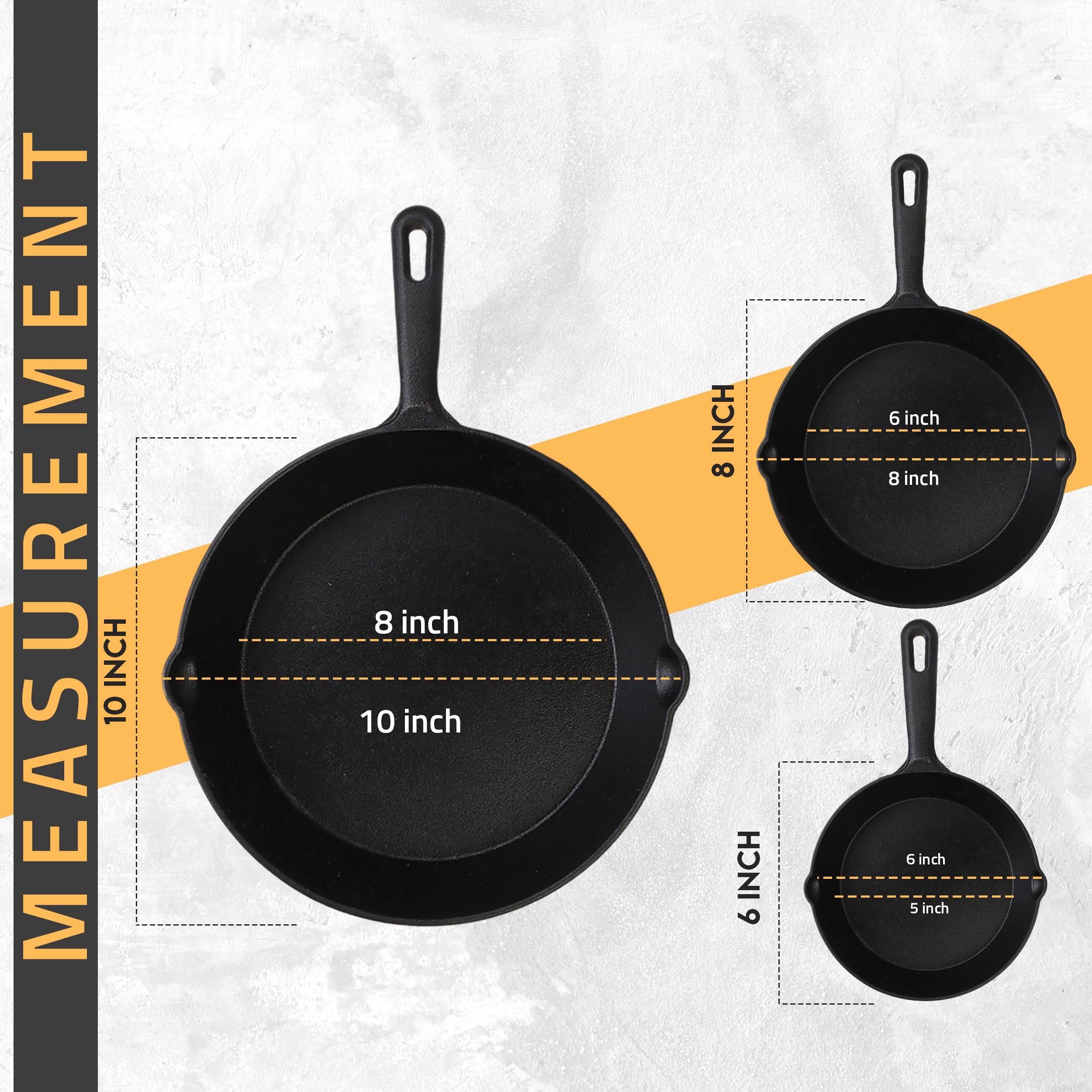 Utopia Kitchen Saute Fry Pan - Pre-Seasoned Cast Iron Skillet Set 3-Piece - Frying Pan - 6 Inch, 8 Inch and 10 Inch Cast Iron Set (Black)