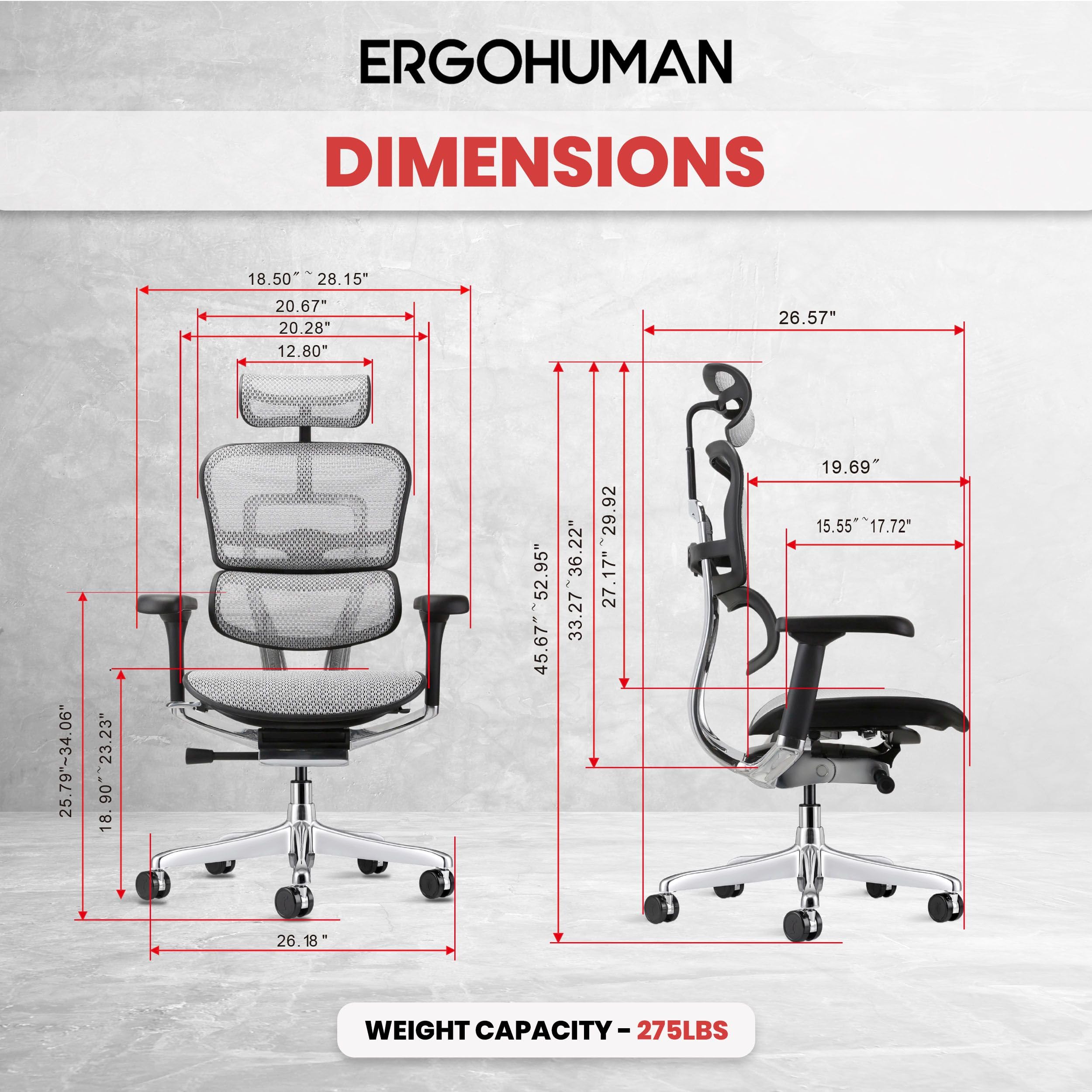 Ergohuman Eurotech GEN2 High Back, Mesh Executive Office Chair with Adjustable Lumbar Support – Ergonomic Tilt Control, Seat Slider, Armrests and Headrest Adjustment, Grey