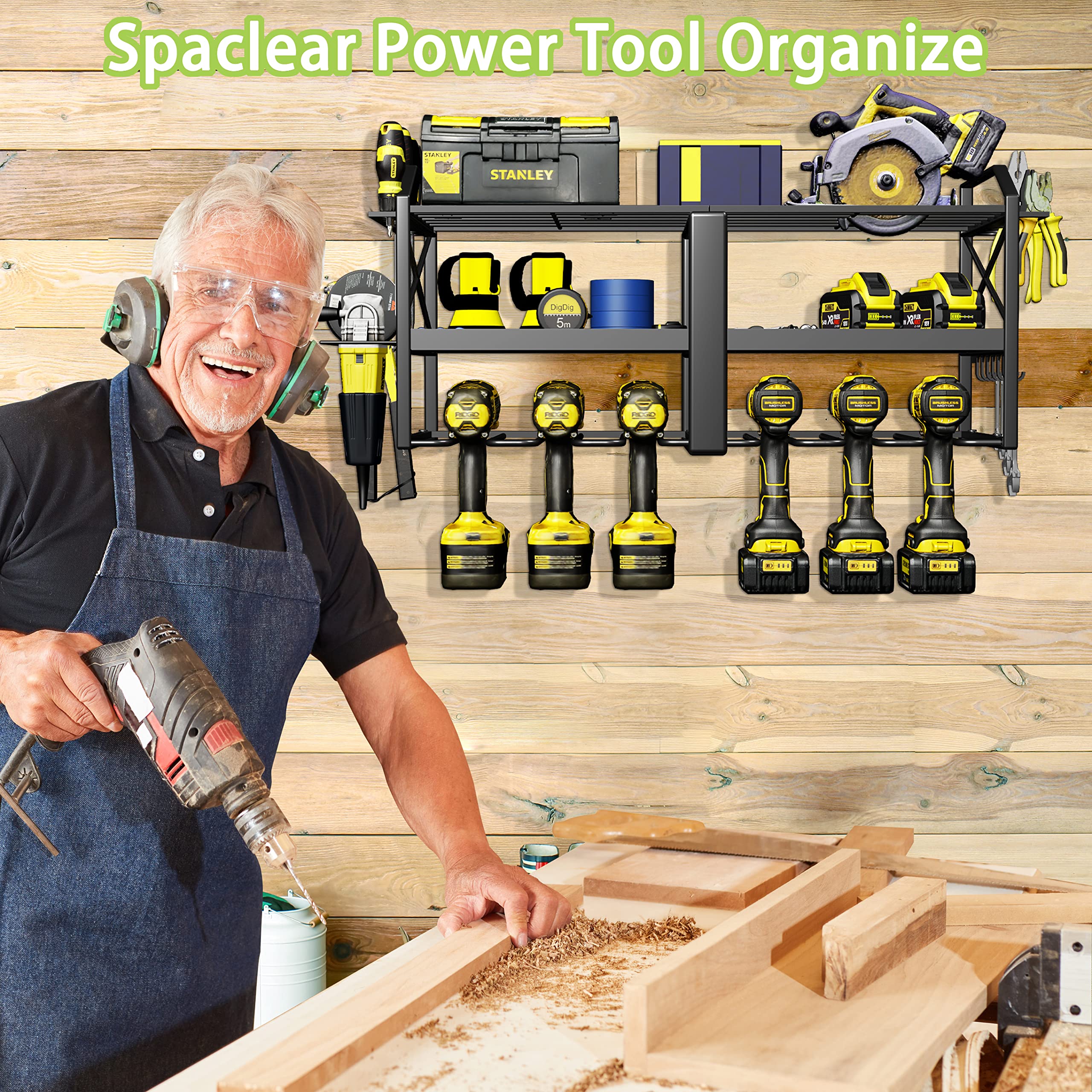 Spaclear Power Tool Organizer Wall Mounted Rack with 6 Drill Holders for Cordless Drill 3 Layer Heavy Duty Metal Power Tool Storage Rack for Garage Tool Organizer and Storage