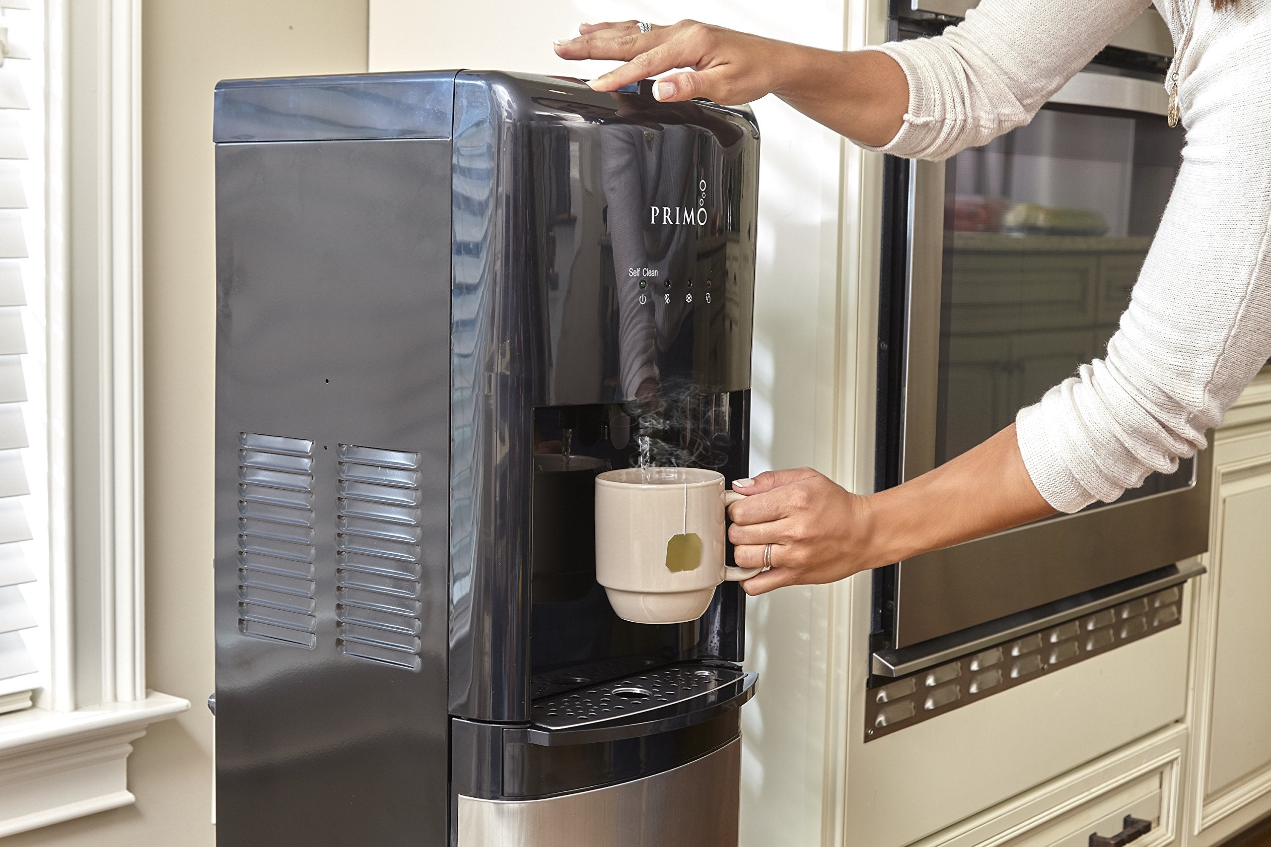 Primo Bottom-Loading Self-Sanitizing Water Dispenser, 3 Temp (Hot-Cool-Cold) Water Cooler Water Dispenser for 5 Gallon Bottle w/Child Safety Lock, Black and Stainless Steel