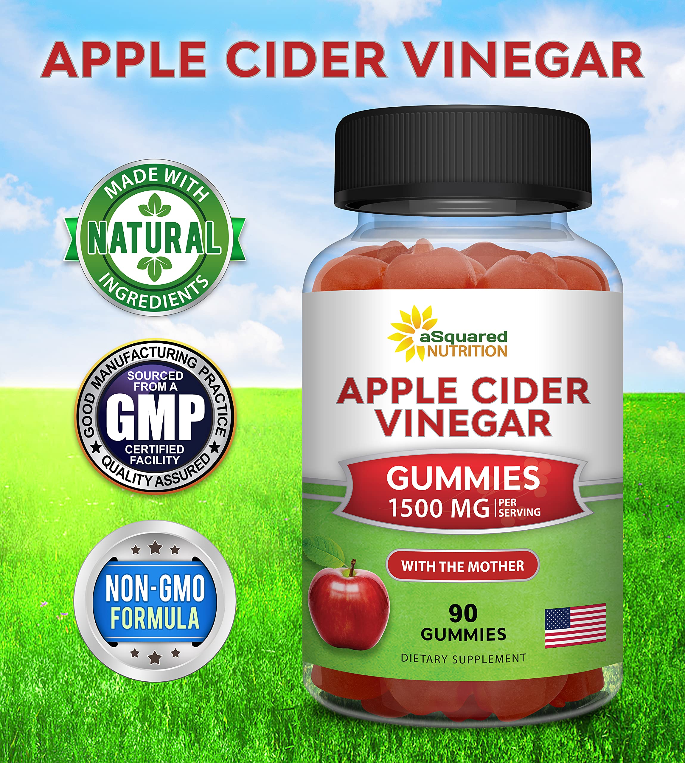aSquared Nutrition Apple Cider Vinegar Gummies - 1500mg with The Mother - 90 ACV Gummies w/Vitamin B6 & B12, Folic Acid - Vegan Gummy Supplement Alternative to Capsules Pills & Drink