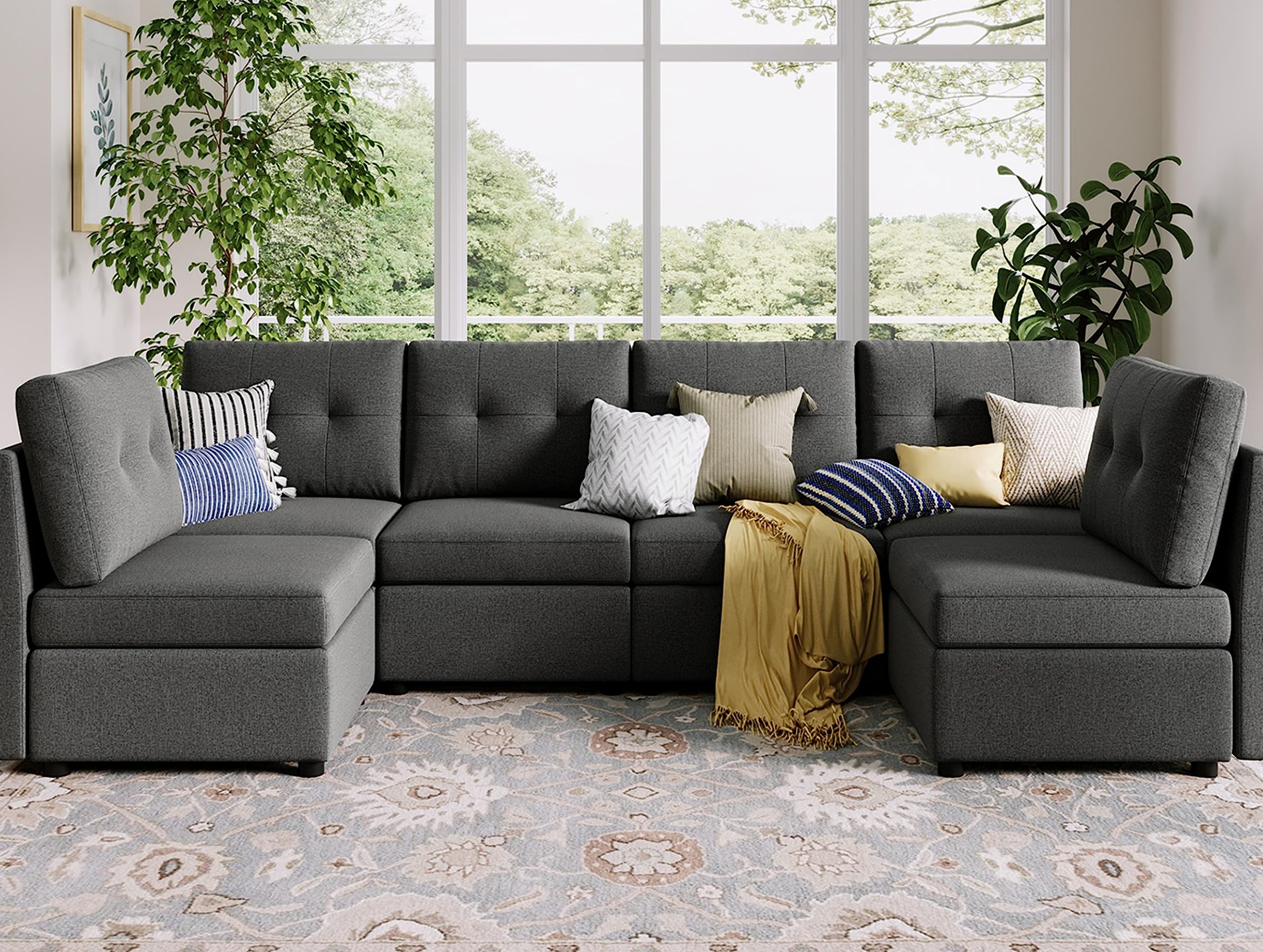 LINSY HOME Oversized Modular Couch, Rubik III 6 Seat Convertible Sectional Sofa with Chaise, U Shaped Sleeper Sofa with Storage, All Covers Changeable Washable, Dark Grey