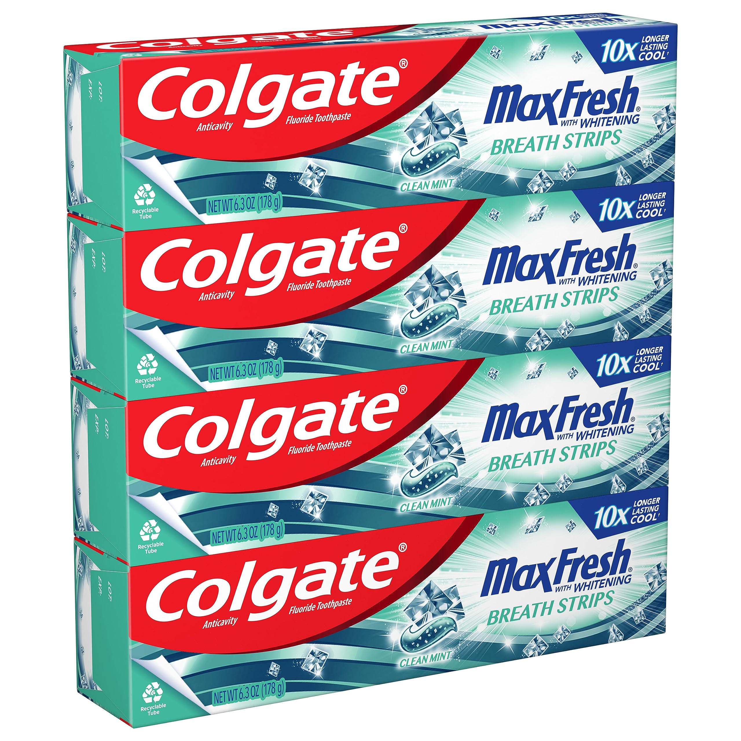 Colgate Max Fresh Whitening Toothpaste with Mini Strips, Clean Mint Toothpaste for Bad Breath, Helps Fight Cavities, Whitens Teeth, and Freshens Breath, 6.3 Ounce (Pack of 4)