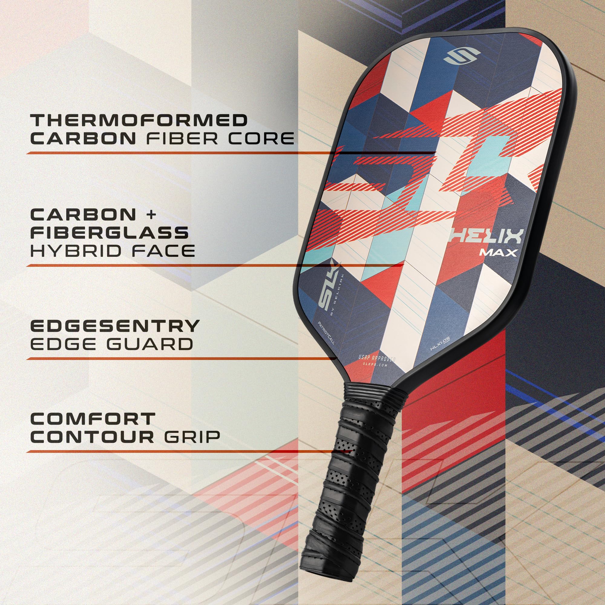 2024 SLK Helix Pro Pickleball Paddle | Carbon Fiber & Fiberglass Hybrid Face | Thermoformed Carbon Fiber Core | Unmatched Control | Patriot