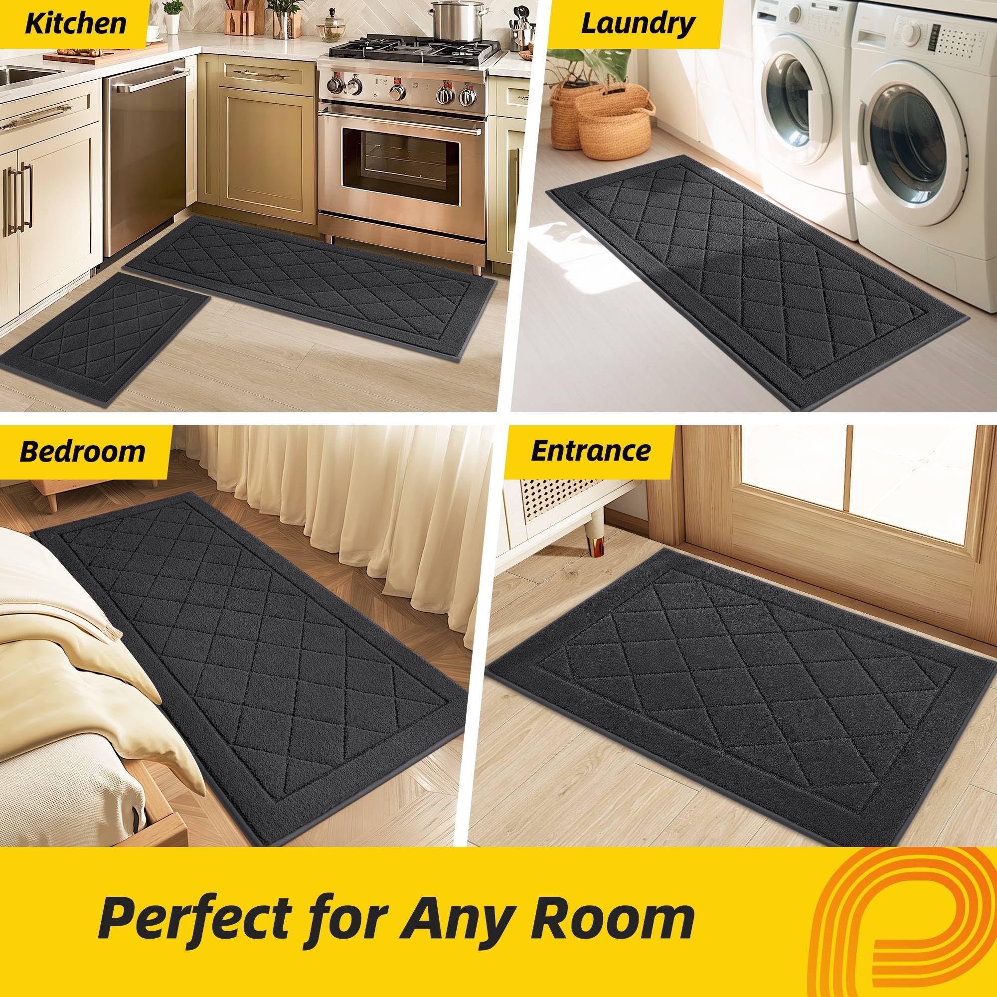 JSEI Non-Slip Kitchen Rugs, Self Adhesive No Sliding Kitchen Mats Set of 2, Soft Washable Absorbent Floor Mat for Kitchen, Bathroom, Laundry Room, Bedroom, 24”x36”+24”x60”, Dark Grey, Diamond Pattern