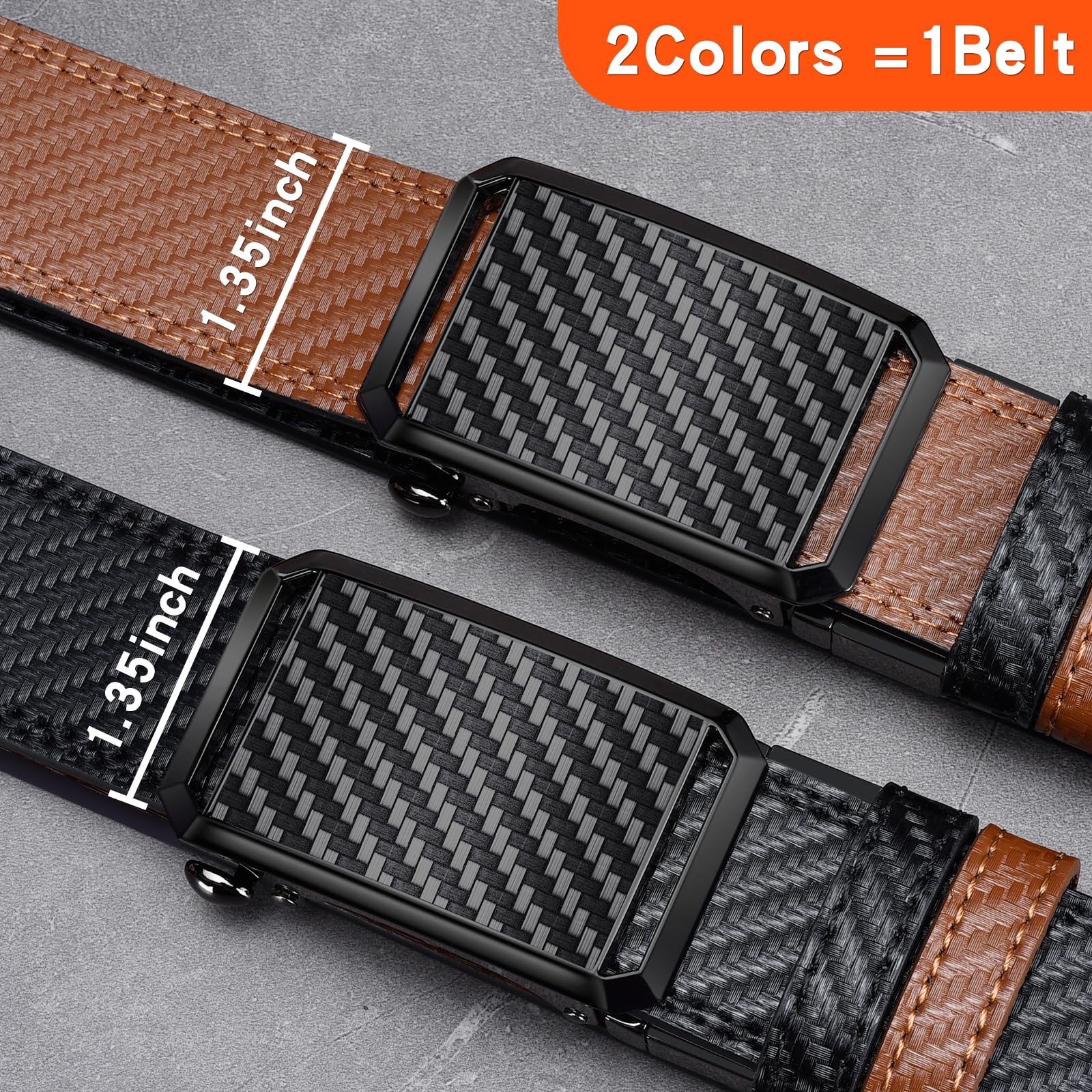 MACBORO Men's Two-in-One Black and Brown Leather Reversible Ratchet Buckle Belt