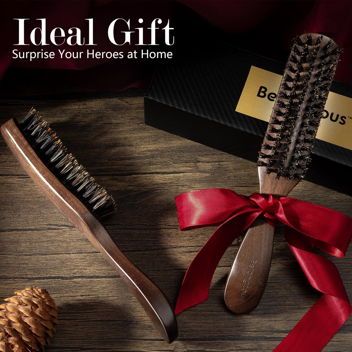 100% Wild Boar Bristle Hair Brush for Men, Stiff Bristles for Thick Hair, Ergonomically Designed Walnut Handle, Ideal for Detangling, Smoothing, Wave Styles - Belongtous