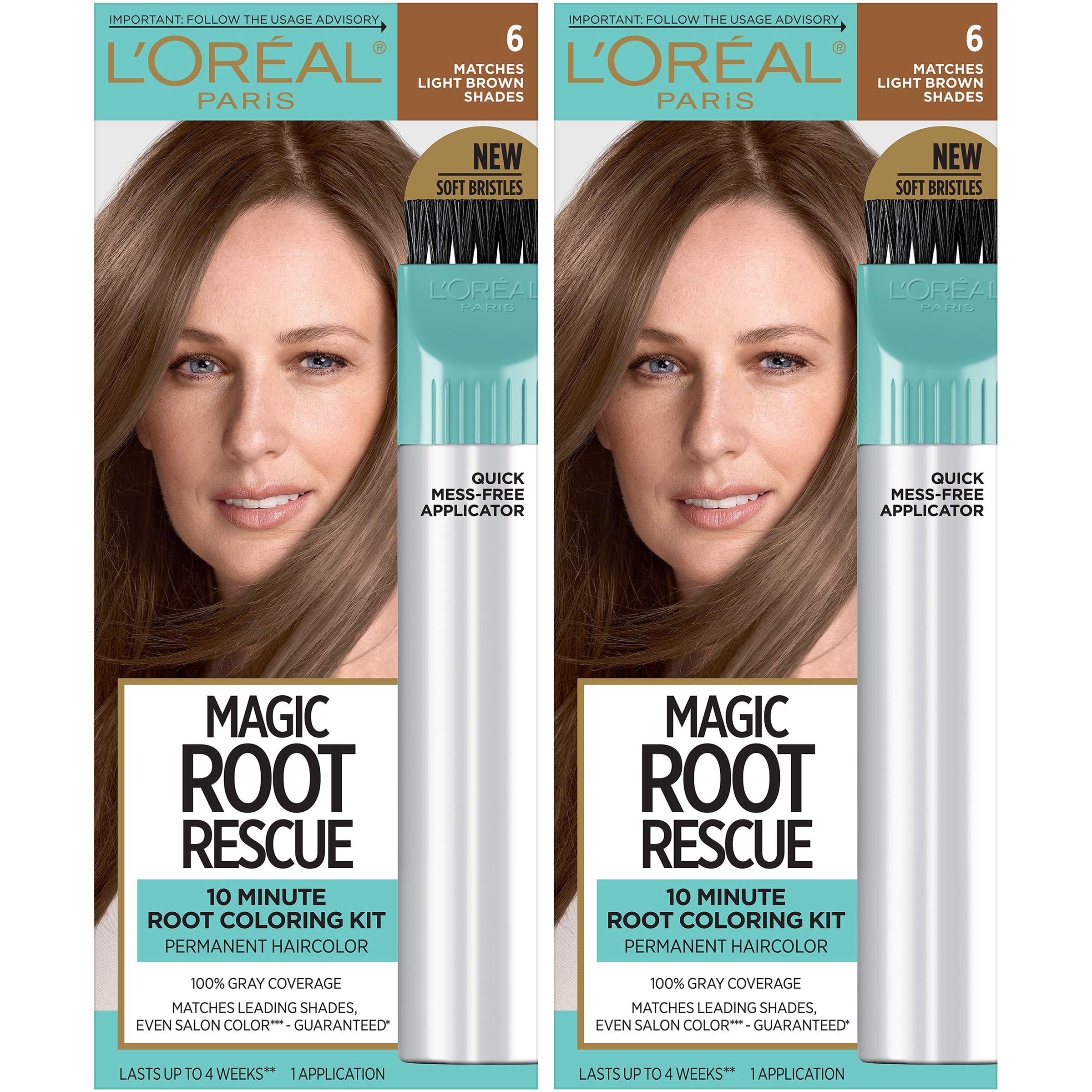 L'Oreal Paris Magic Root Rescue 10 Minute Root Hair Coloring Kit, Permanent Hair Color with Quick Precision Applicator, 100% Gray Coverage, 6 Light Brown, 2 count