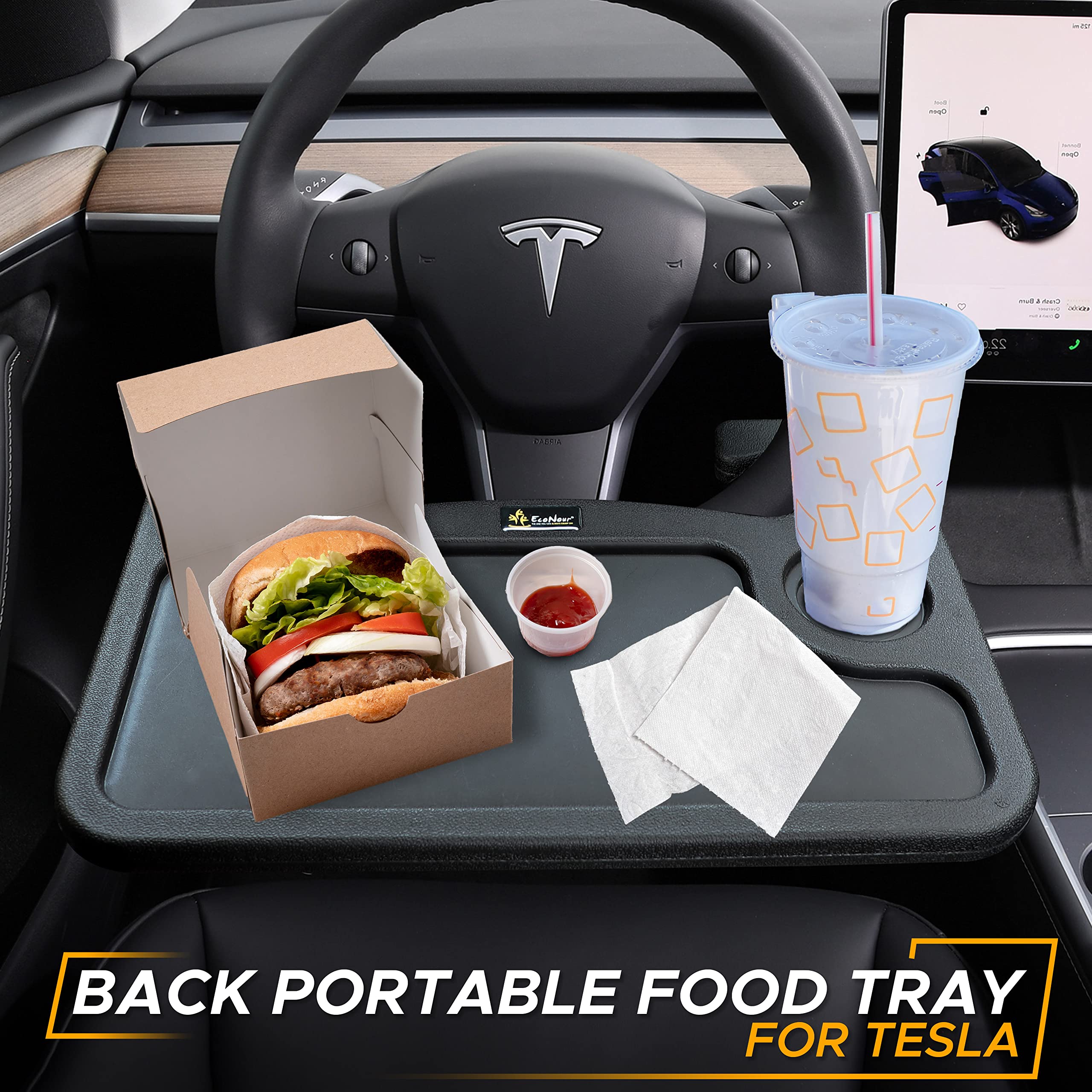 EcoNour 2 in 1 Upgraded Steering Wheel Desk | Car Food Tray for Eating with Drinks Holder | Steering Wheel Tray for Laptop | Car Model Accessories for Tesla, Ford, Prius, Toyota