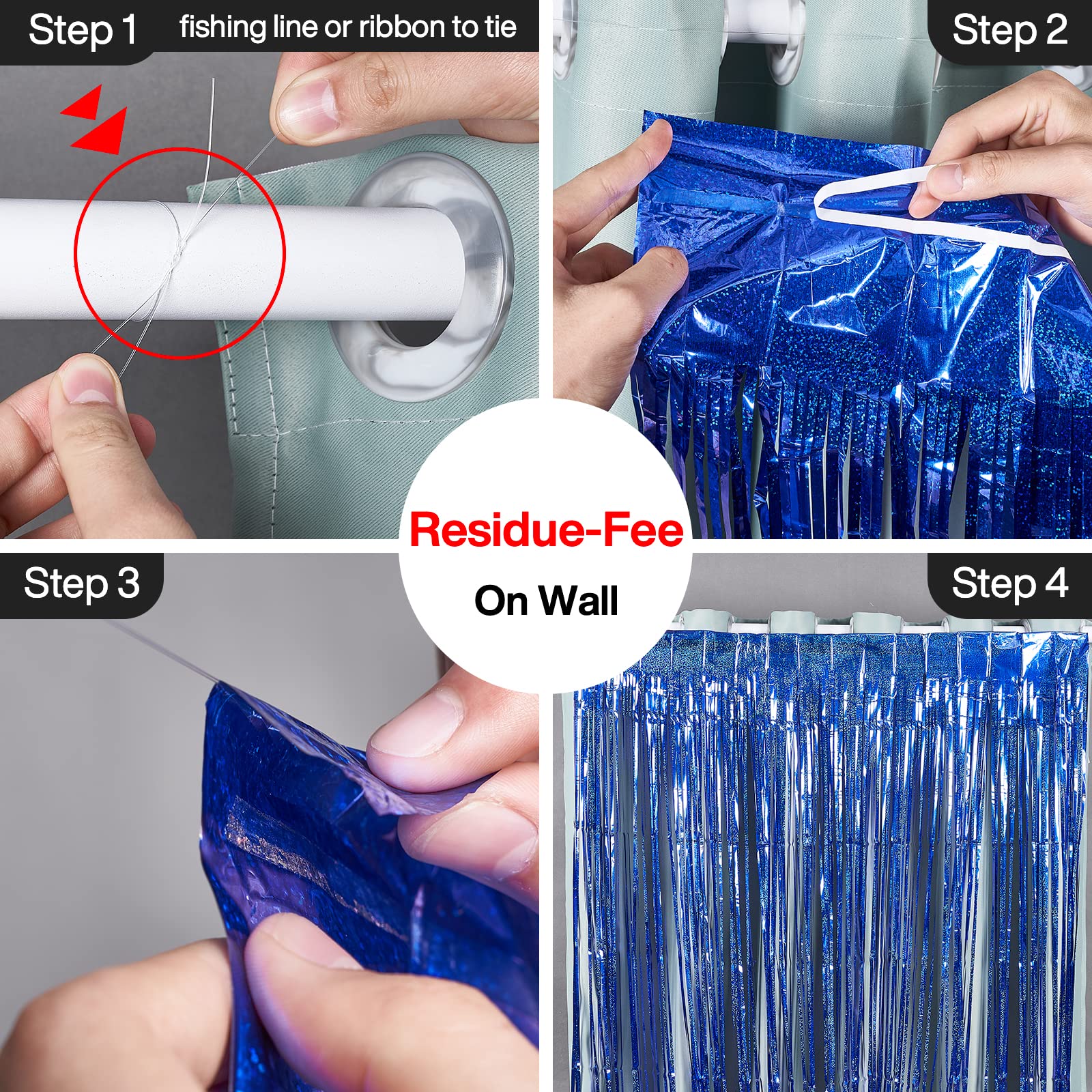 PartyWoo 2 pcs Royal Blue Foil Fringe Curtain, Metallic Foil Tinsel Fringe Backdrop Door Fringe for Birthday Wedding Party Photo Backdrop, Blue Streamers Party Decorations