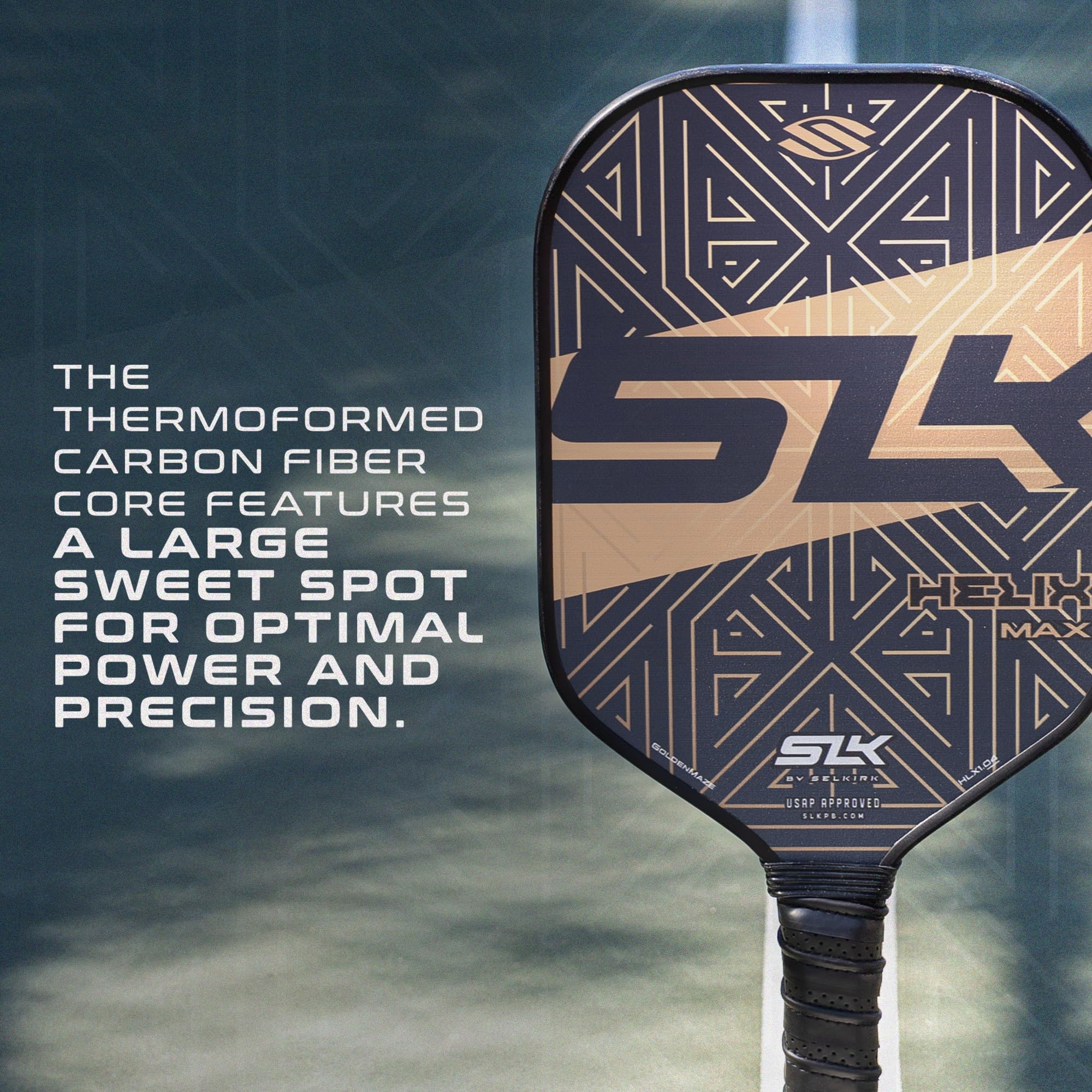 2024 SLK Helix Pro Pickleball Paddle | Carbon Fiber & Fiberglass Hybrid Face | Thermoformed Carbon Fiber Core | Unmatched Control | Gold Maze