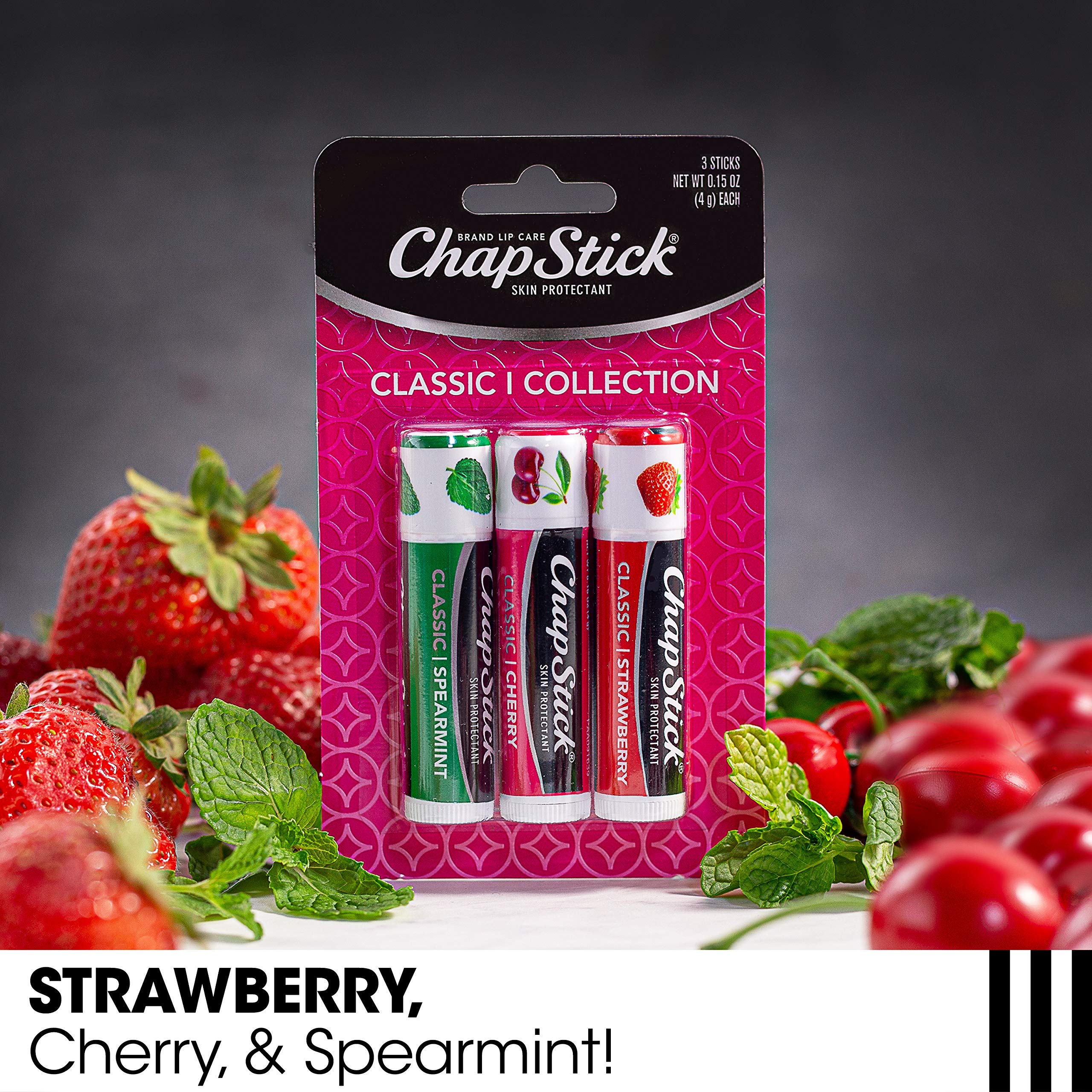 ChapStick Lip Care Set, Classic Collection 3-Pack – Spearmint, Cherry, and Strawberry Lip Balm, 0.15 Oz Ea