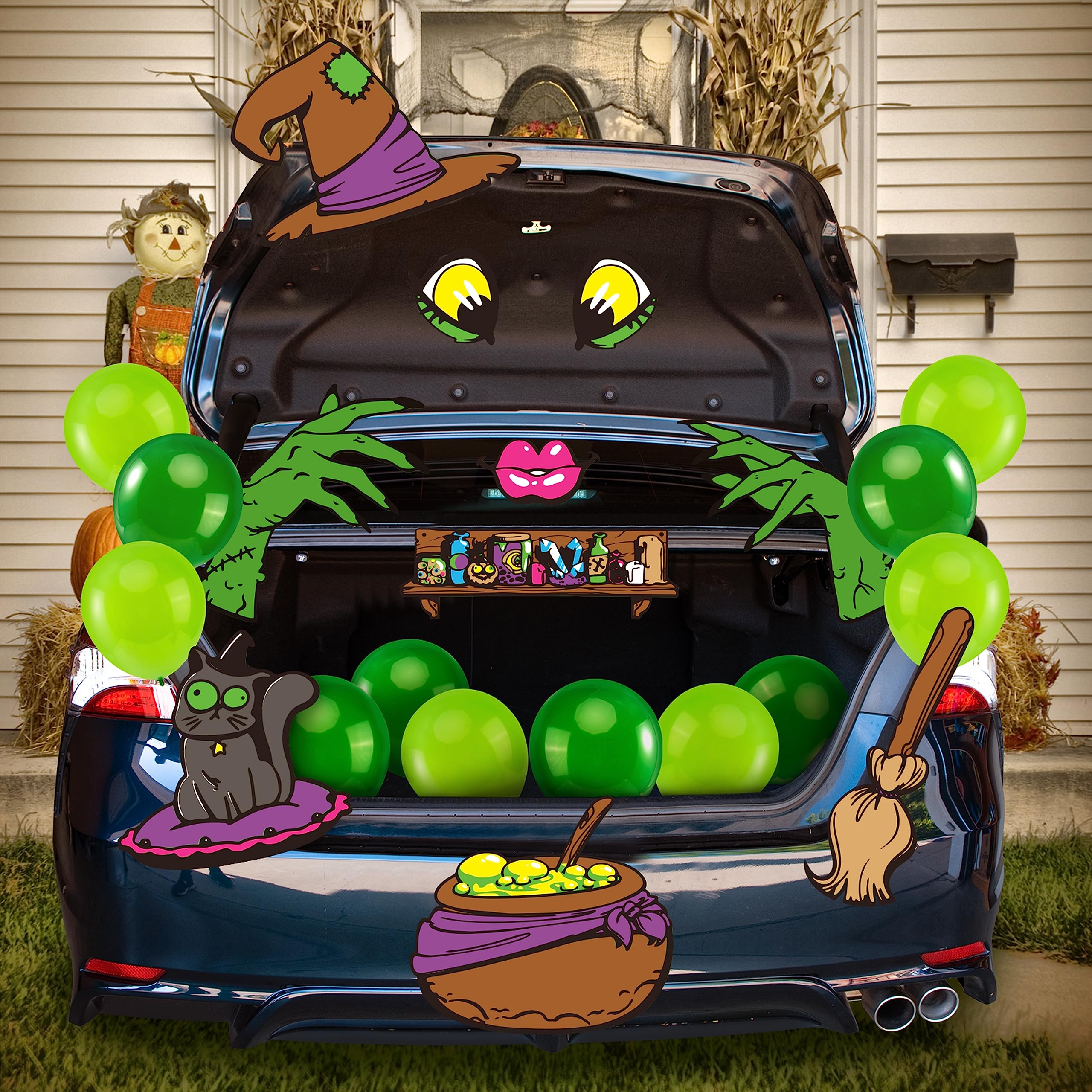 JOYIN Halloween Witch Trunk or Treat Car Decorations Kit for SUV, Witch hat Balloons Cauldron Witch Broom Black Cat Car Stickers Vehicle Van Garage Door Entryway Archway Halloween Decorations Outside
