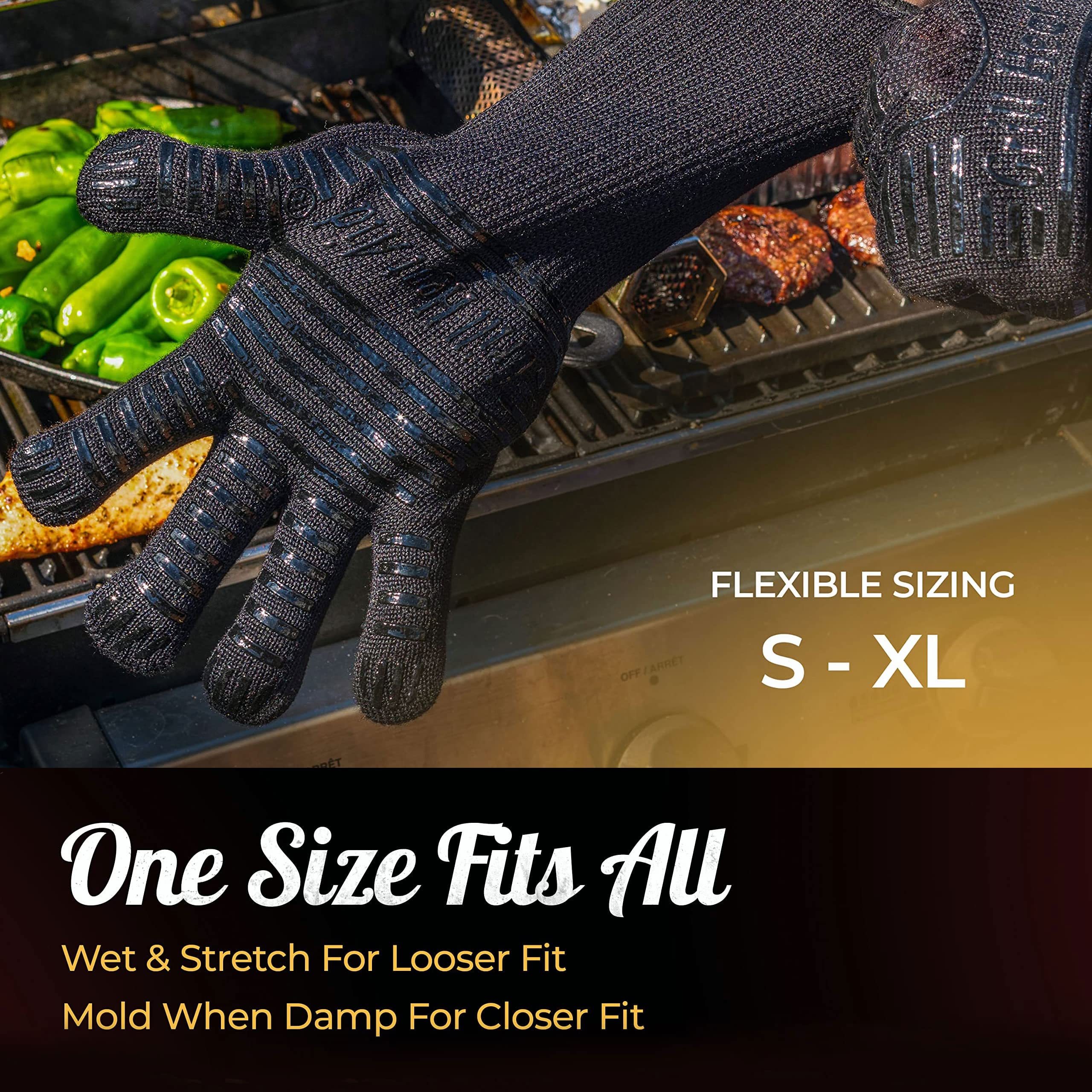 Heat Resistant Silicone BBQ Gloves - Fire Protection up to 1472°F - Insulated Glove Set for Hot Barbecue, Grill, Smoker, Baking, Cooking, and Cutting - Indoor or Outdoor Mitts Fit Men and Women