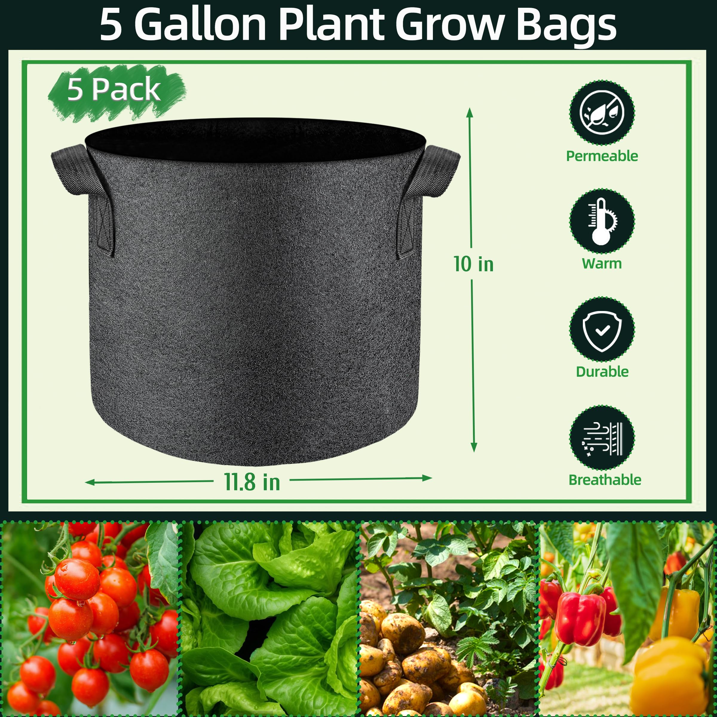 lucdnc 5 Pcs Grow Bags 5 Gallon Plant Grow Bags Multi-Purpose Nonwoven Fabric Pots with Durable Handles,Outdoor Garden Plant Pots for Vegetables Fruits Flowers Herb Succulent Bonsai Plants