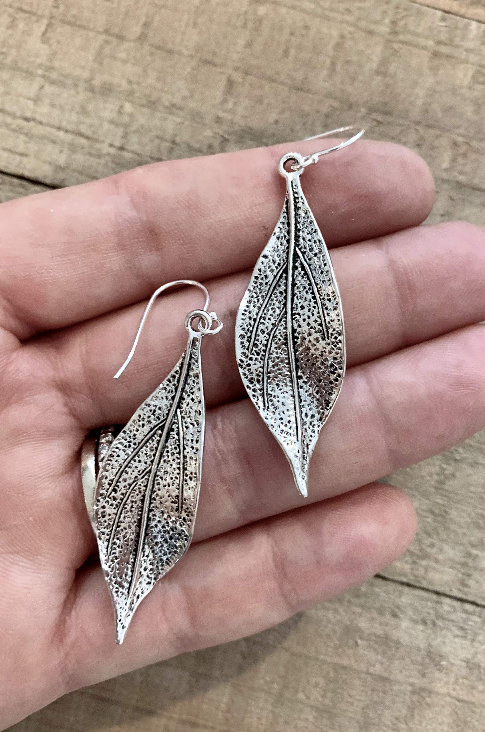 Wavy Leaf on Sterling Silver Dangle Earrings Bohemian Boho