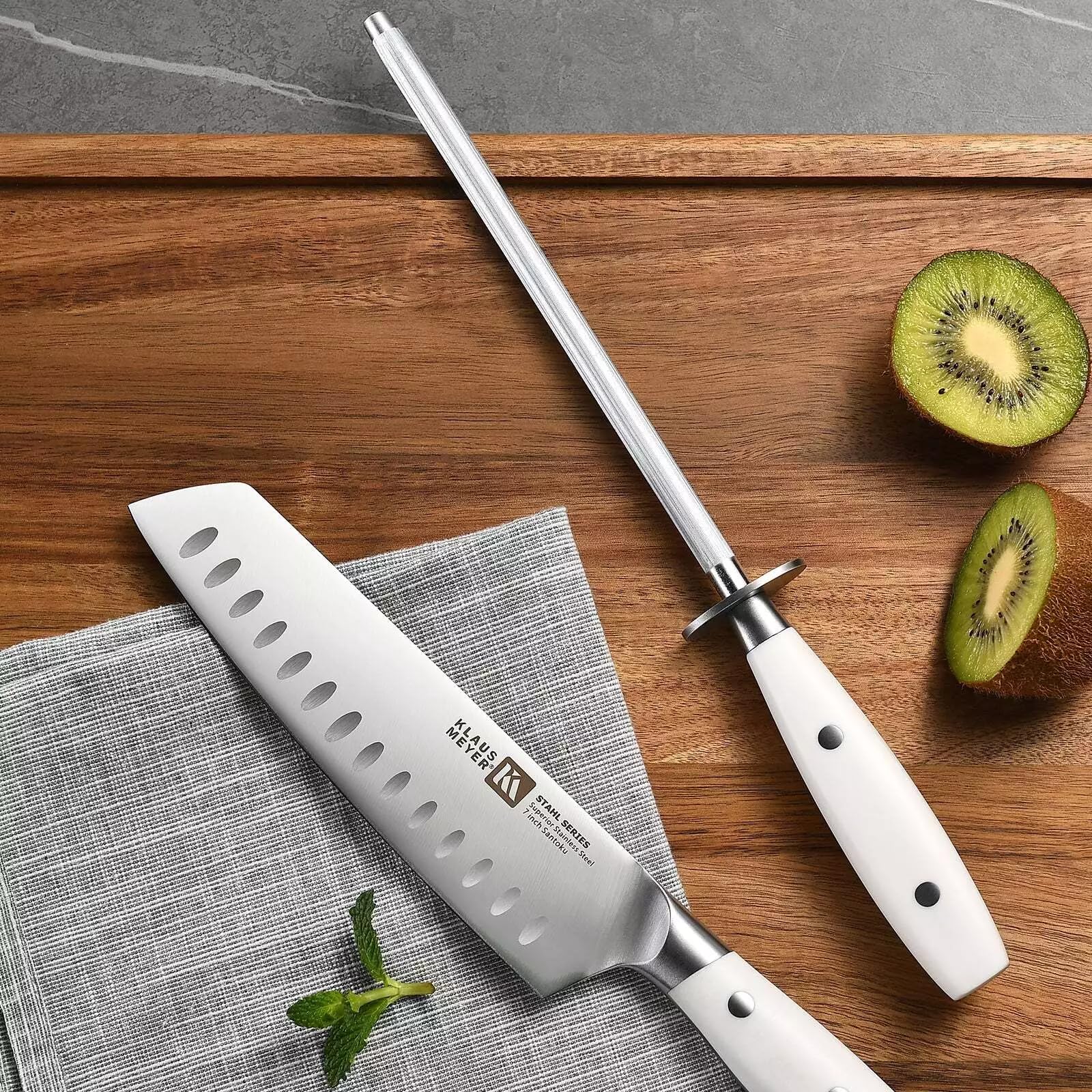 Klaus Meyer 19-Piece Knife Block Set, High Carbon German Stainless Steel (Stahl), Full-Tang Handles with Sharpener, White