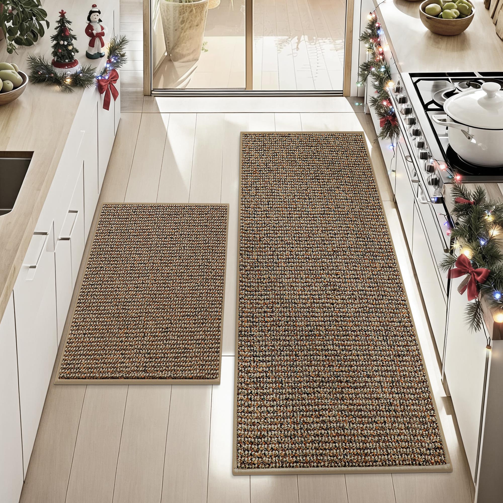 JSEI Kitchen Rugs, 2PCS Non-Slip Kitchen Mats for Floor, Machine Washable Absorbent and Stain Resistant Kitchen Runner, Carpet Mats with TPR Backing for Kitchen, 24”x36”+24”x60”, Beige
