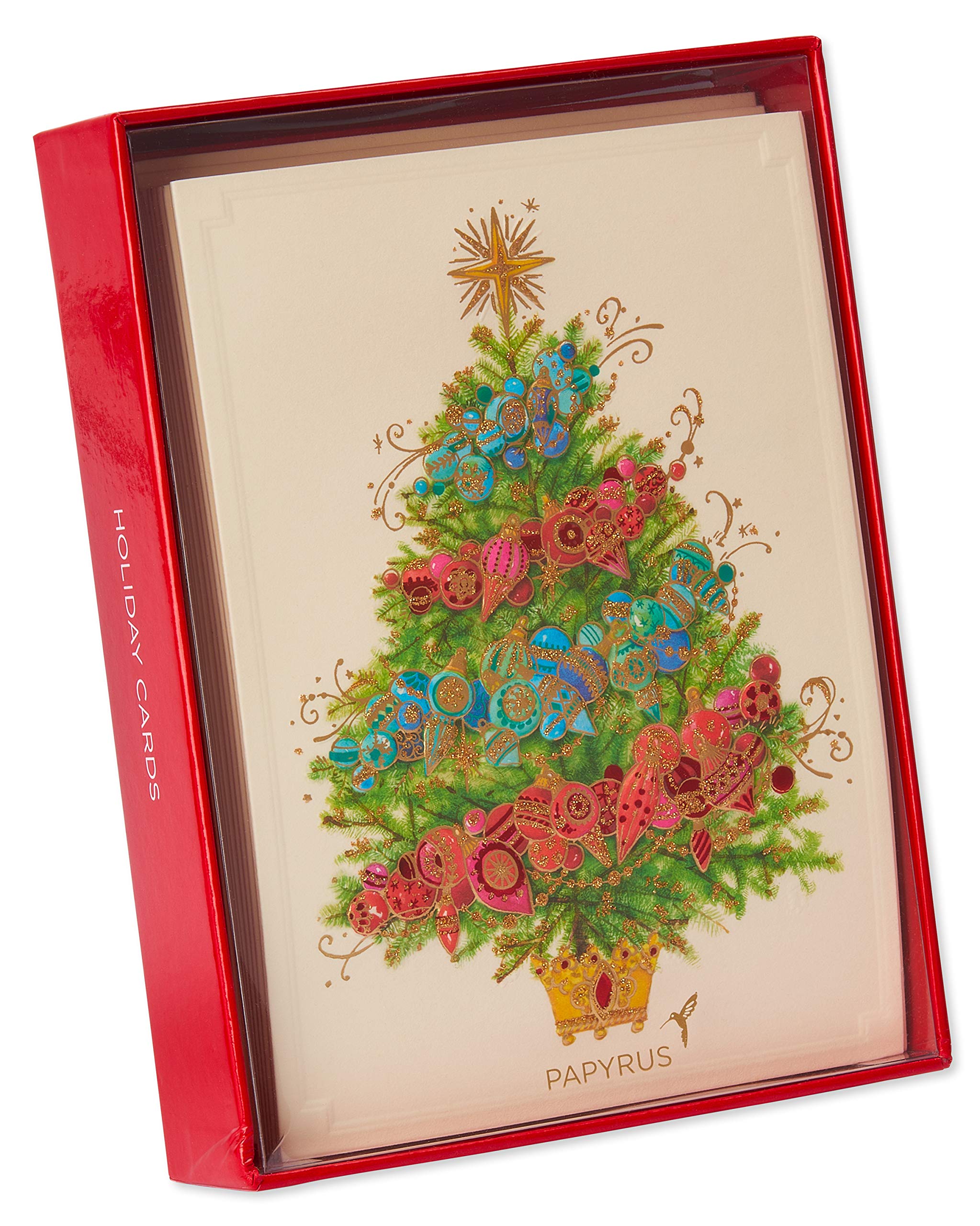 Papyrus Christmas Cards Boxed with Envelopes, Peace and Happiness, Christmas Tree (12-Count)