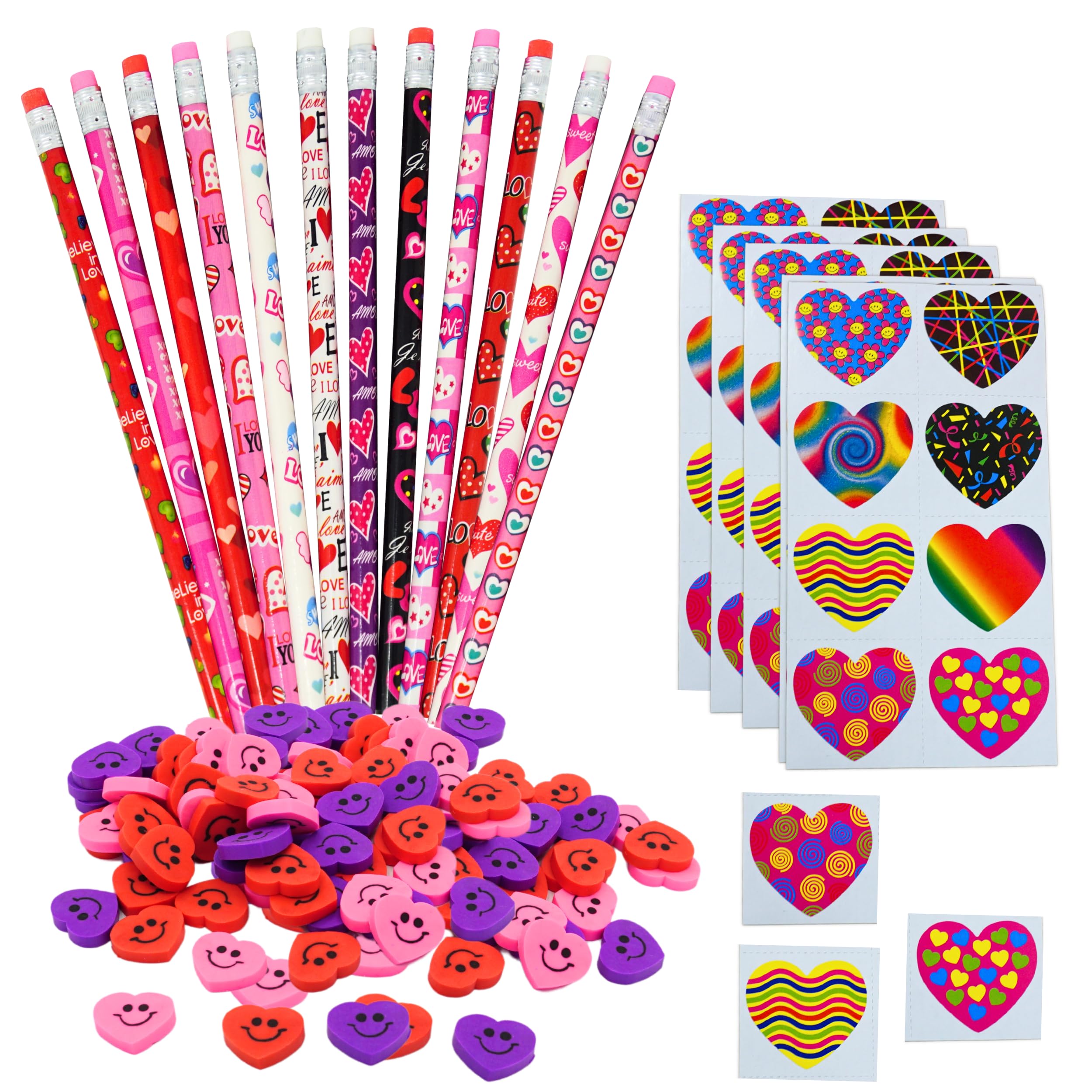 4E's Novelty 36 Set Valentine’s Day Stationary Gifts for Kids - 36 Pencils, 36 Heart Erasers, 104 Stickers - Valentines Classroom Exchange Toys, Class Party Favors From Teacher To Student