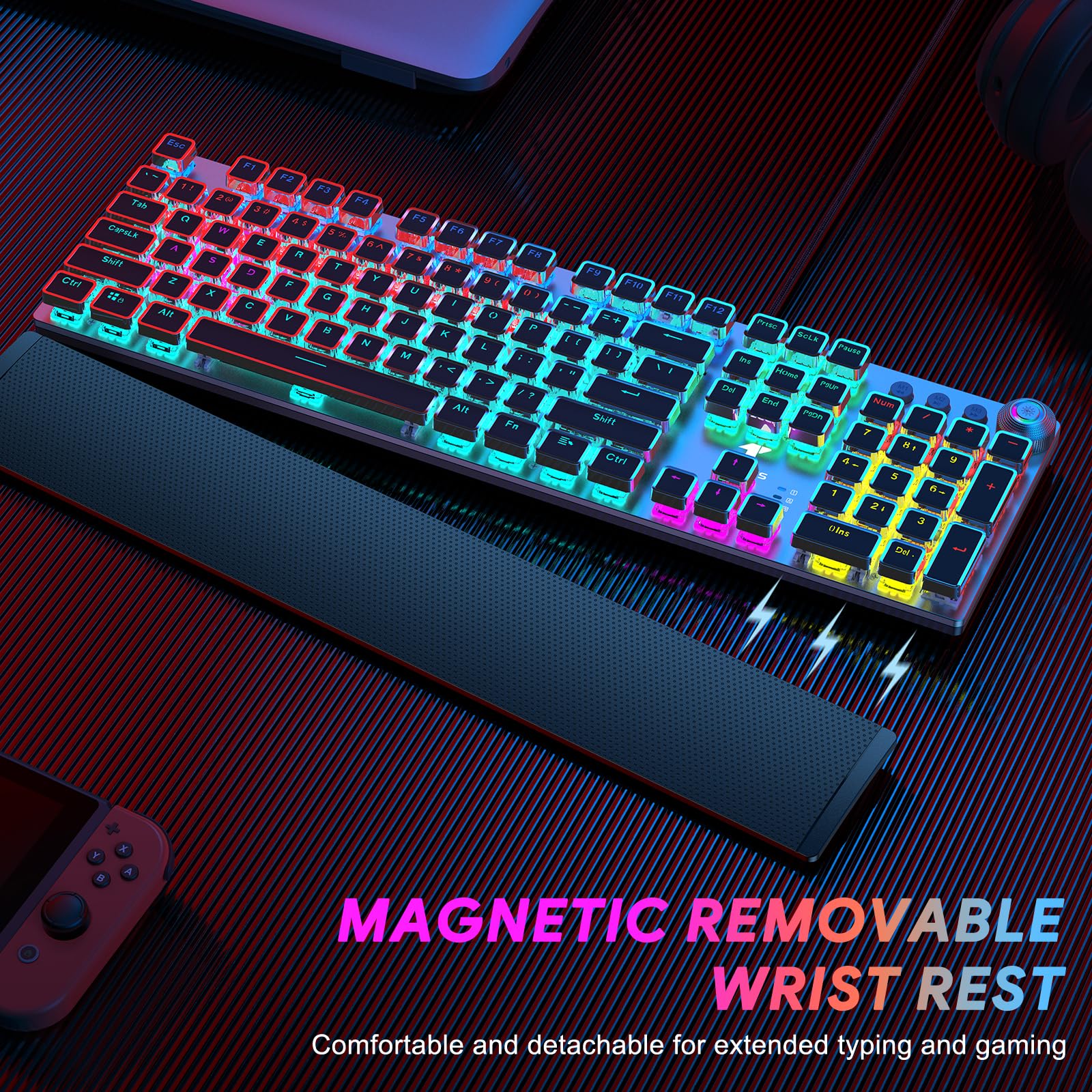TECURS Gaming Keyboard Mechanical Keyboard with Magnetic Wrist Rest, Backlit PC Typewriter Keyboard LED, 104 Keys, Red Switch, Media Control Knob - Compatible with Windows/Mac/PC