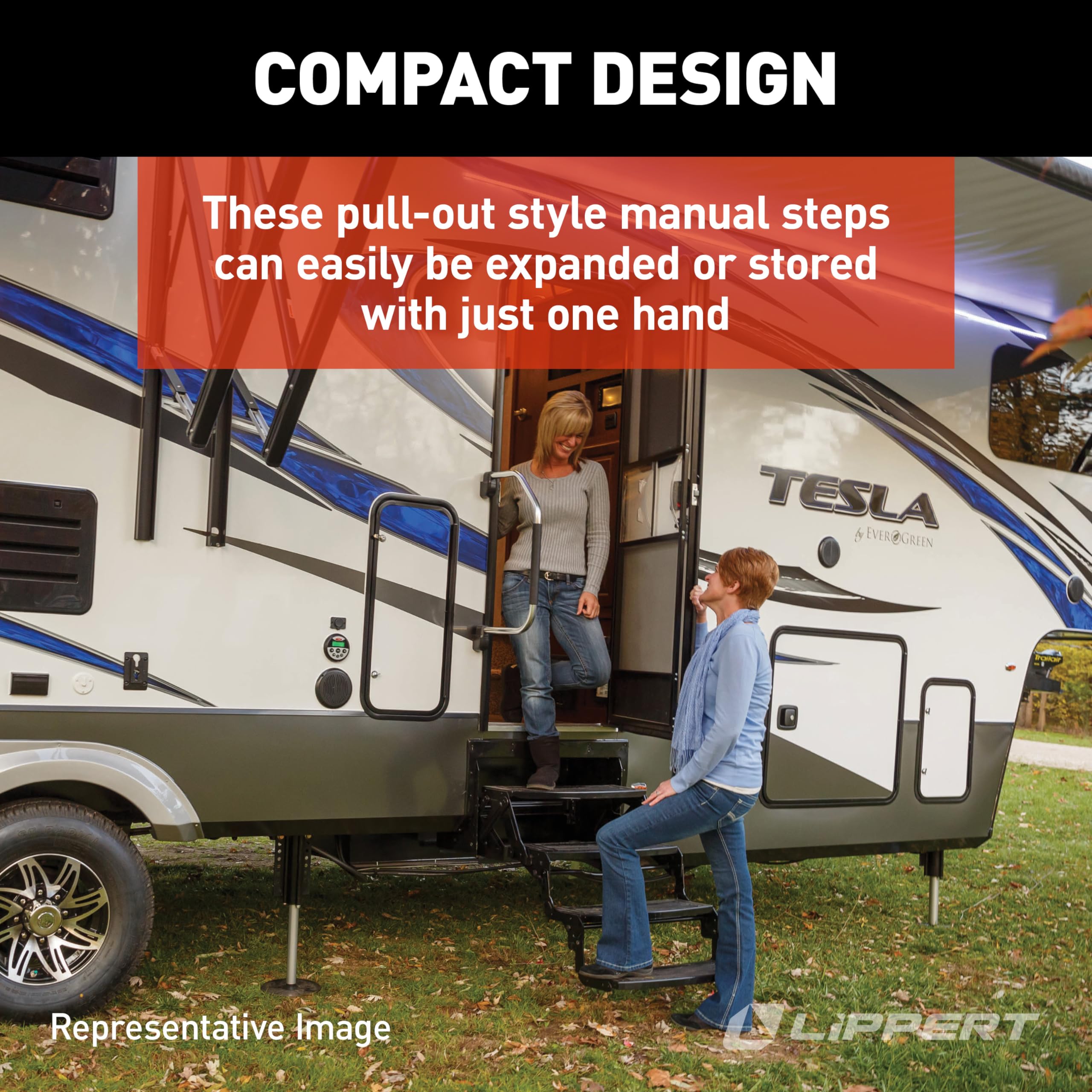 Lippert 24" Radius Triple Manual RV Steps, 9" Rise for 5th Wheel RVs, Travel Trailers and Motorhomes, Anti-Slip Stepping Surface - 1774401