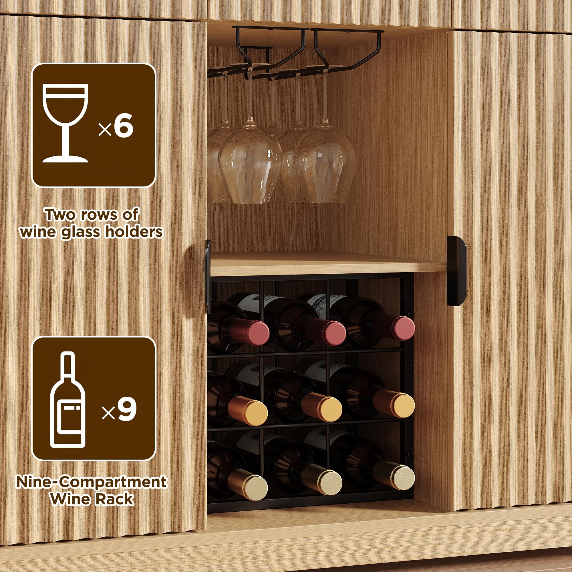 Maupvit 50" Fluted Sideboard Cabinet with Foldable Tabletop, Mobile Buffet Storage Cabinet with 2 Adjustable Cabinets, 3 Drawers, Wine & Glass Rack for Kitchen Dining Room,Natural