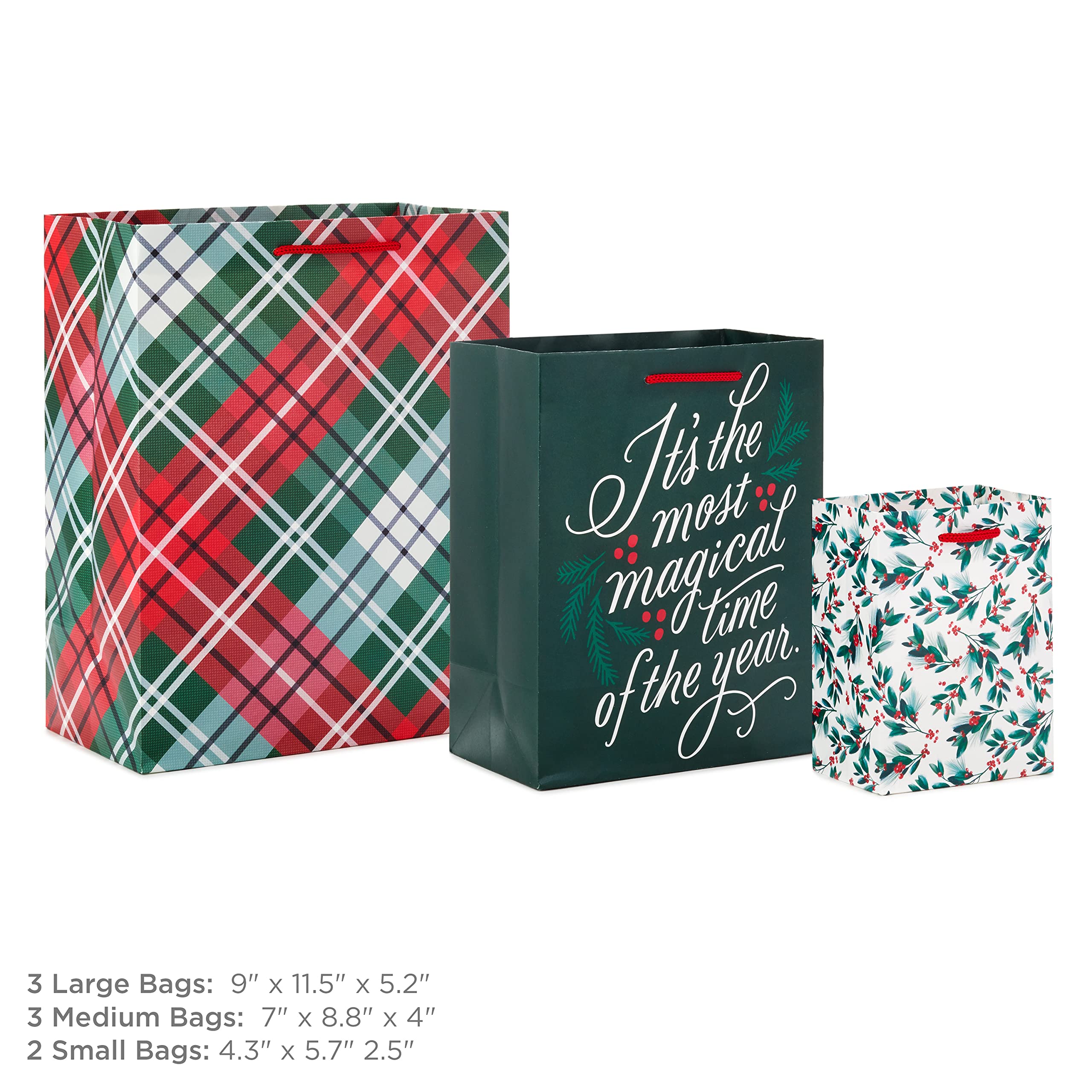 Hallmark Assorted Christmas Gift Bag Bundle (8 Bags: 2 Small 5", 3 Medium 8", 3 Large 11") Classic Santa, Black and Red Plaid, Snowflakes, Holly