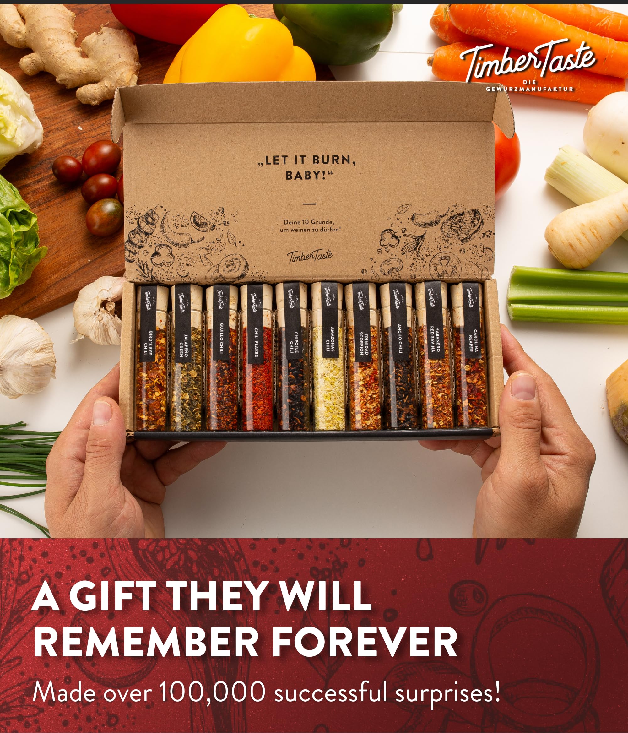 TIMBER TASTE® Hot Chili Gift Set for Men [UP TO 1,200,000 SCOVILLE] - 10 Exotic Pepper Varieties | Spicy Seasoning Gift Set | Spice Set for Him | Hot Spice Collection | Gourmet Food Gifts for Adults