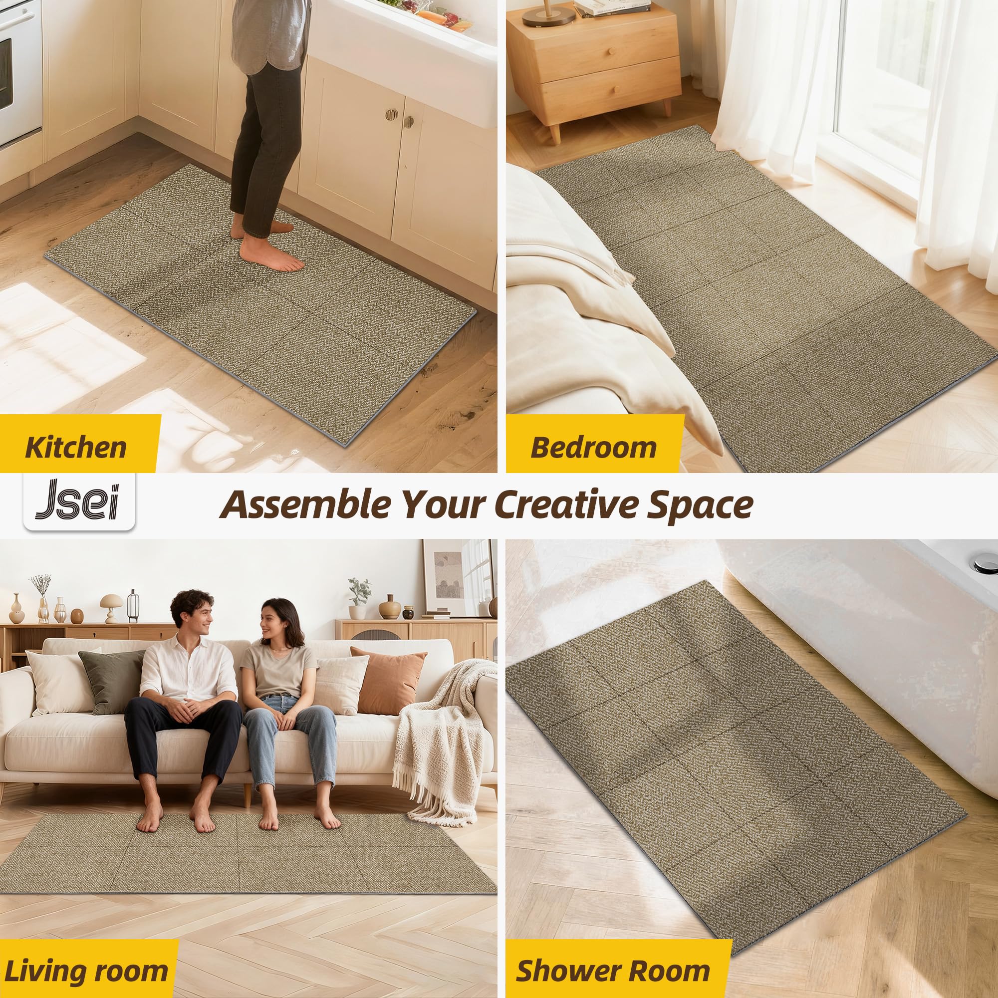 JSEI Kitchen Rugs Non Slip Machine Washable,Soft Kitchen Mats for Floor,6 Picecs Super Absorbent Kitchen Floor mat for Hallway,Office,Sink,Laundry,12"x12" Beige