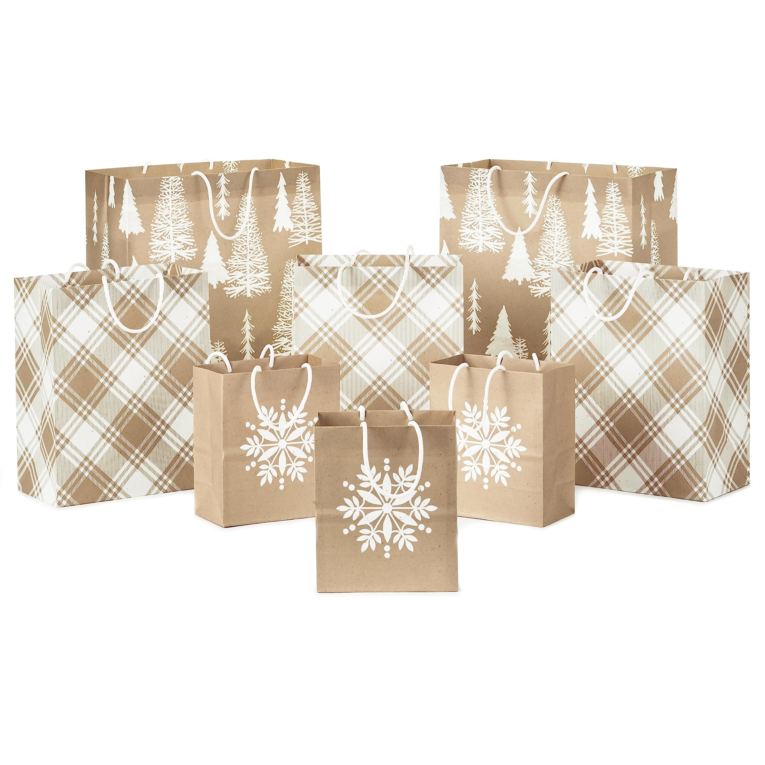 Hallmark Assorted Christmas Gift Bags, Recyclable Kraft Brown with Snowflake, Plaid and Trees (8 Bags: 3 Small 6", 3 Medium 9", 2 Large 13") for Holiday Parties, Hanukkah, Winter Weddings