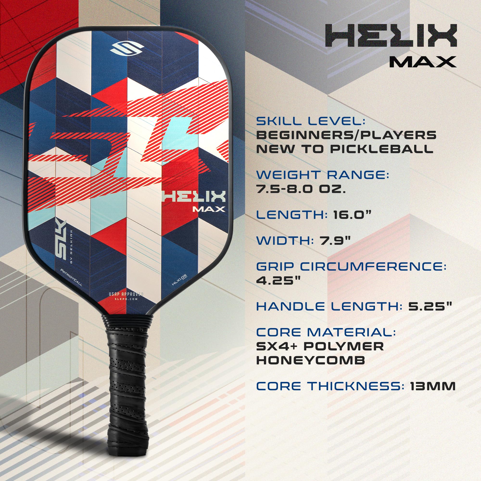 2024 SLK Helix Pro Pickleball Paddle | Carbon Fiber & Fiberglass Hybrid Face | Thermoformed Carbon Fiber Core | Unmatched Control | Patriot